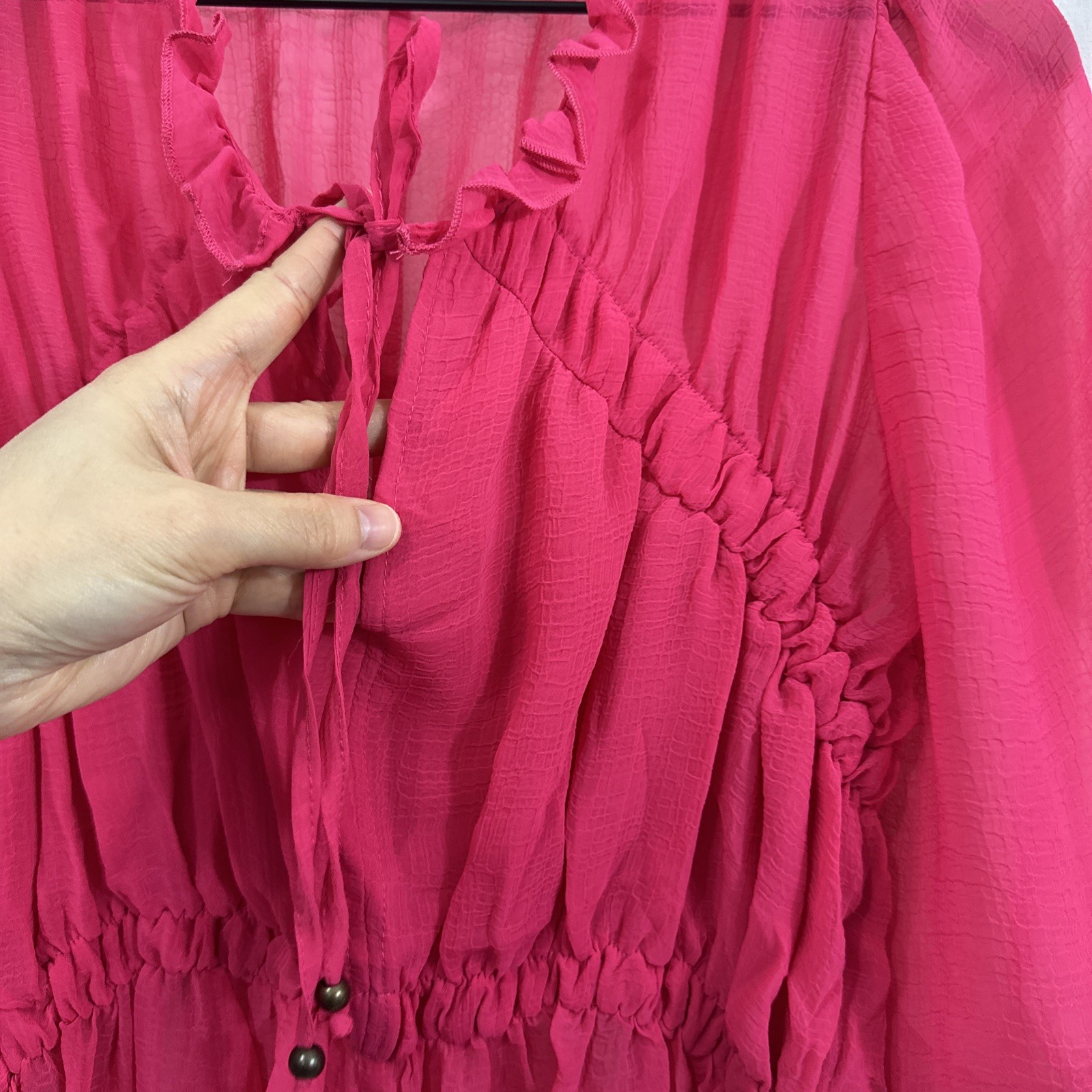 Umgee Hot Pink Sheer Ruffle Coquette Romantic Peasant Top Women’s Sz M