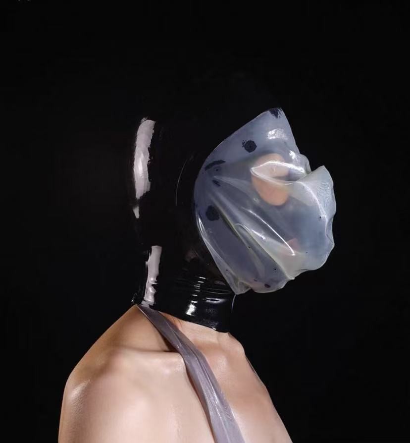 2-layer Latex hood with 0.25mm Transparent Rubber Mask breathing hole for Fetish