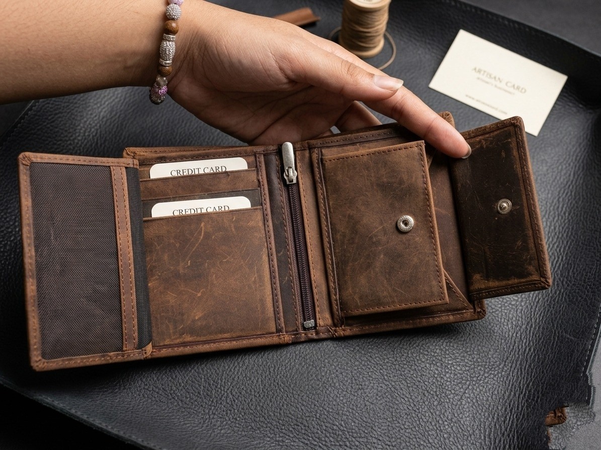 Vintage Brown Kanpur Leather Trifold Wallet Zipper Coin Pocket Card Holder