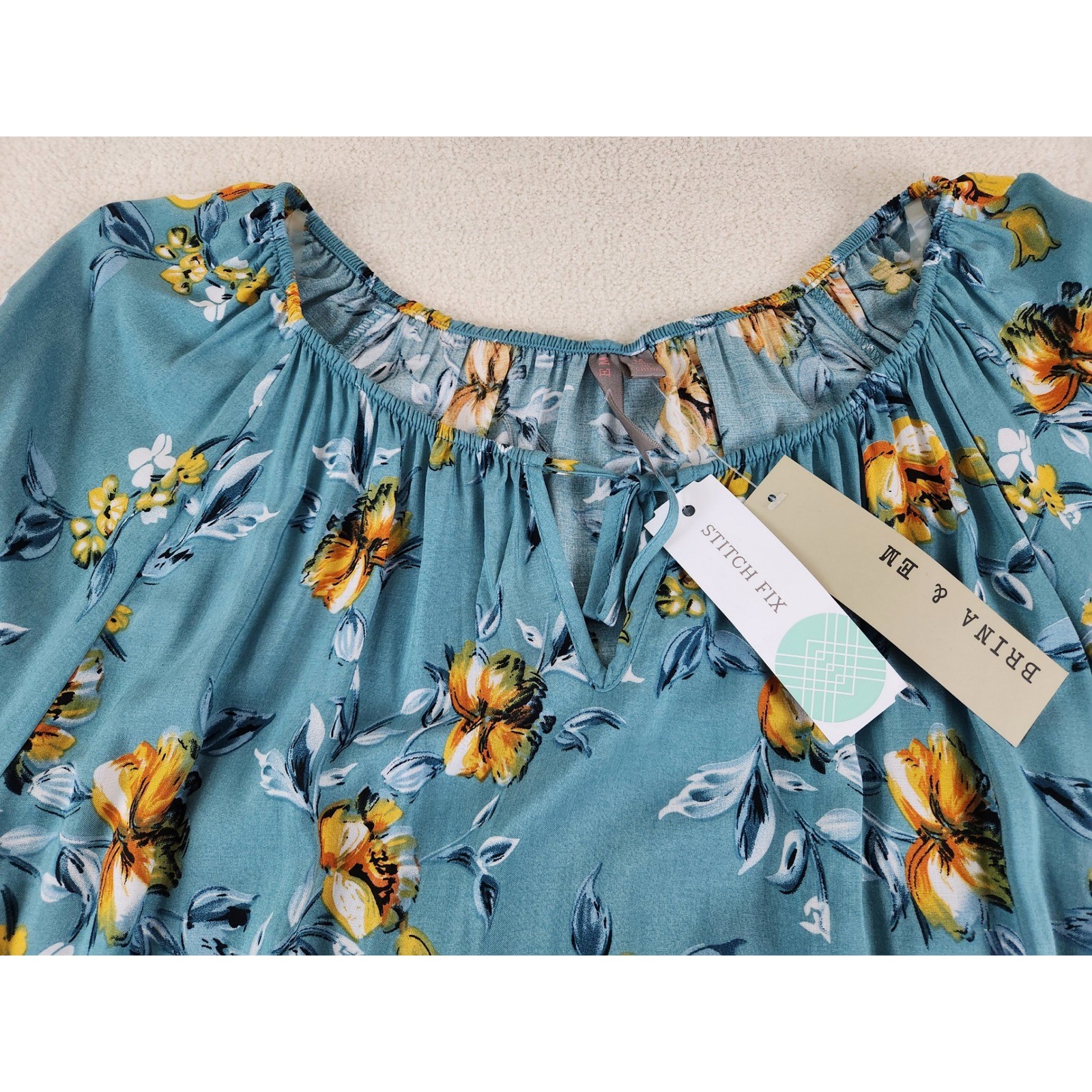 New Brina & Em Stitch Fix 3/4 Sleeve Teal Floral Blouse Size Medium Fall