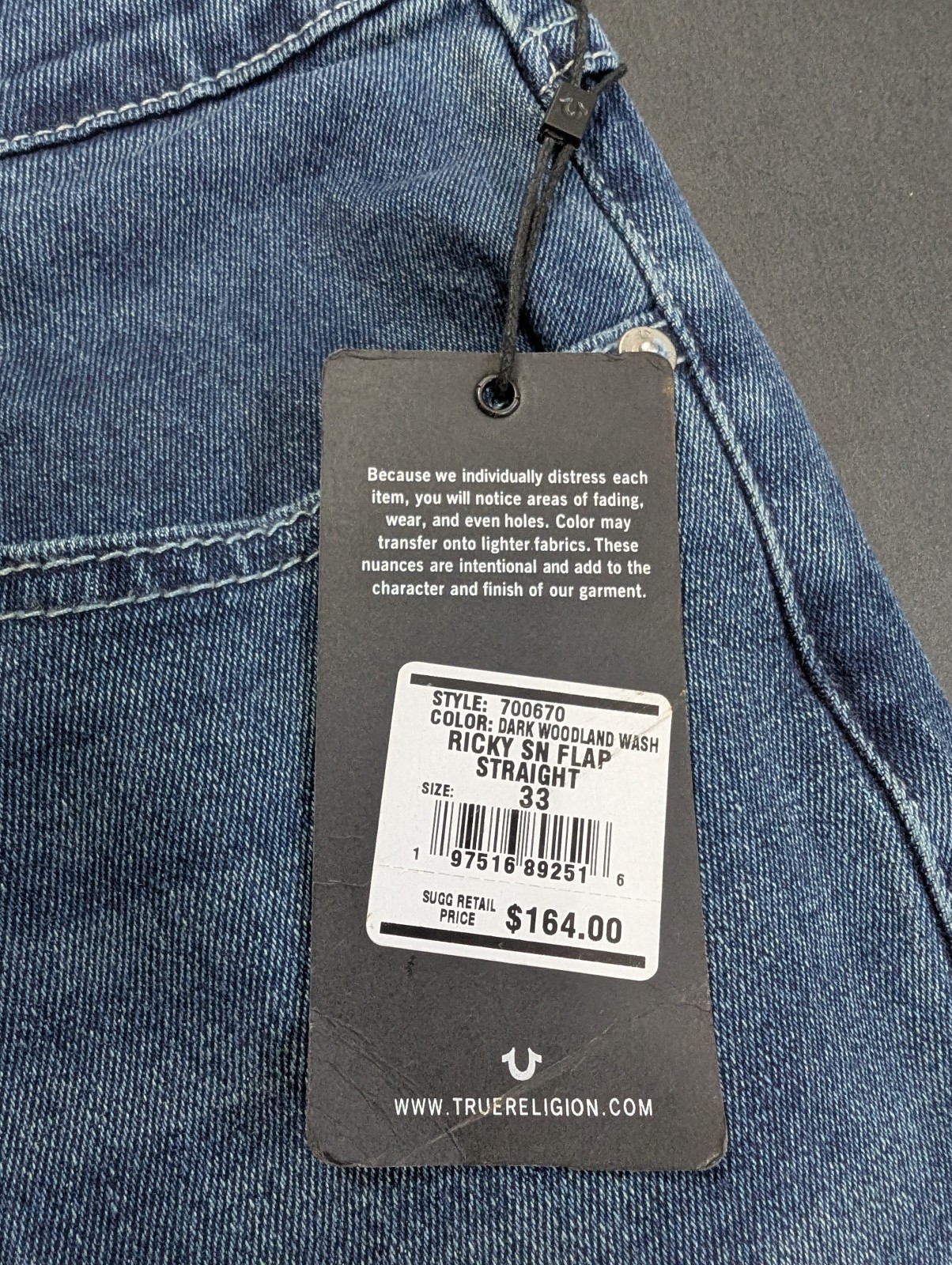 True Religion Ricky Big T Flap Relaxed Straight Fit Jeans Size 33×34 36×34