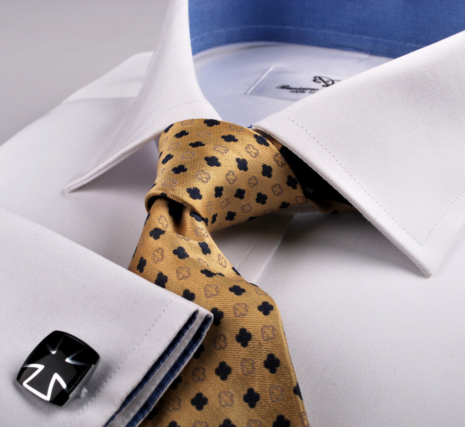 White Poplin Egyptian Cotton Profesional Formal Business Dress Shirt Blue Lining