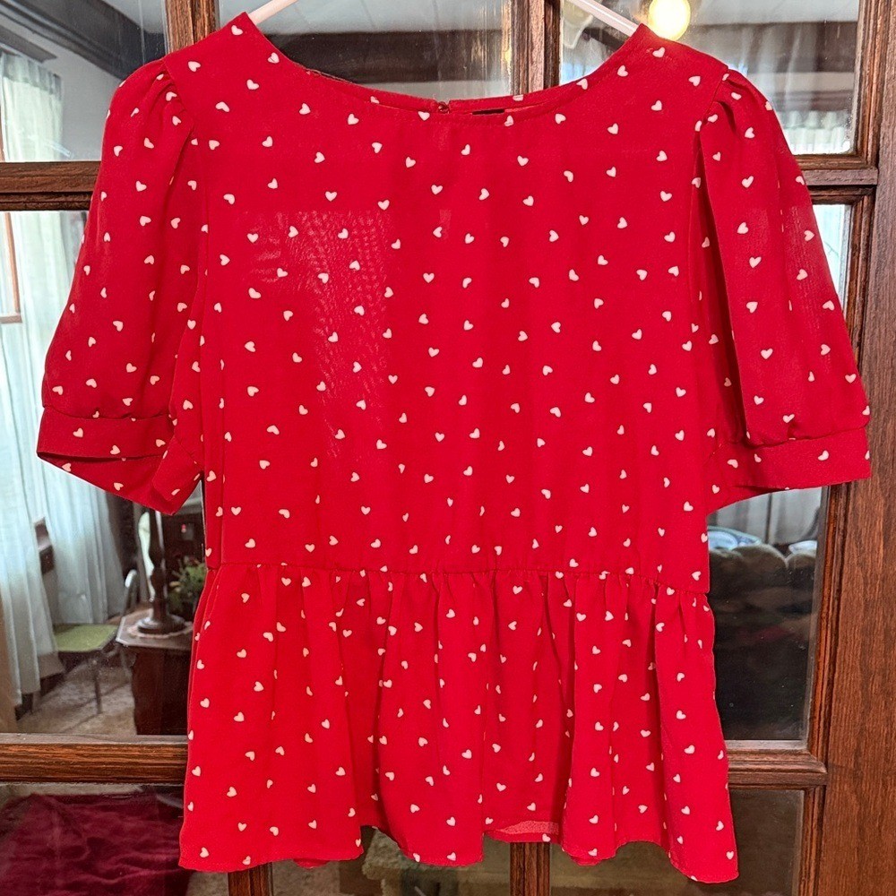 SHEIN Womens Red Heart Print Peplum Blouse Short Puff Sleeve Top Size Medium 6