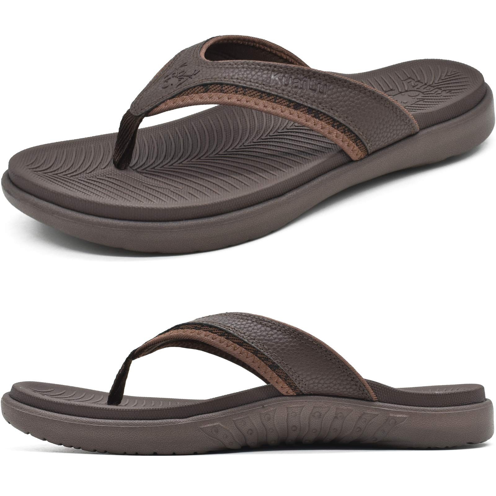 Men’s Leather Sport Flip Flops Arch Support Thong Sandals For Plantar Size 10.5