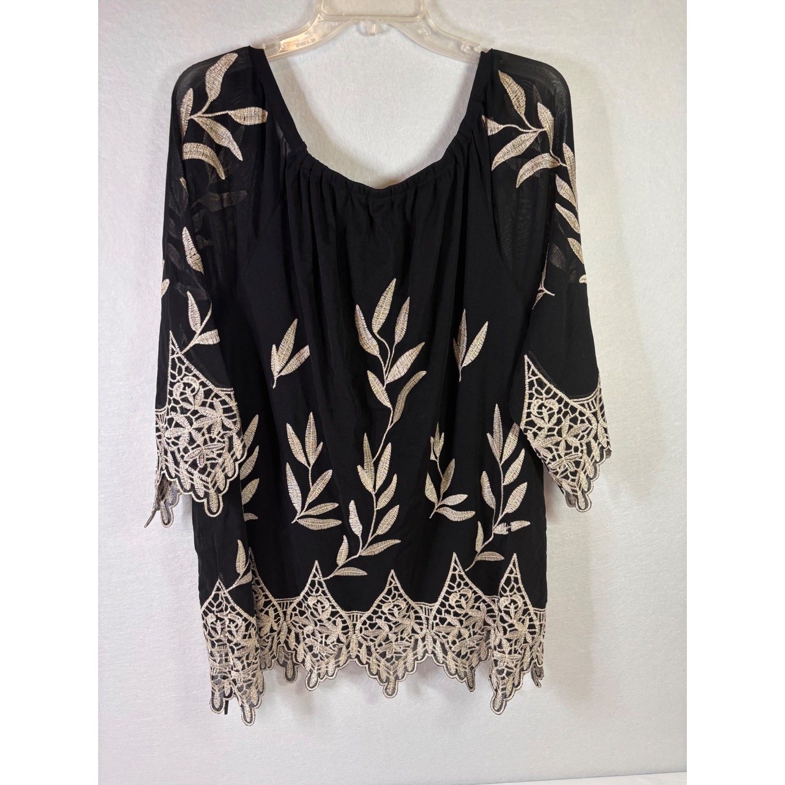 Alfani Womens XL Black Gold Metallic Leaf Embroidered Lace Hem Blouse Top