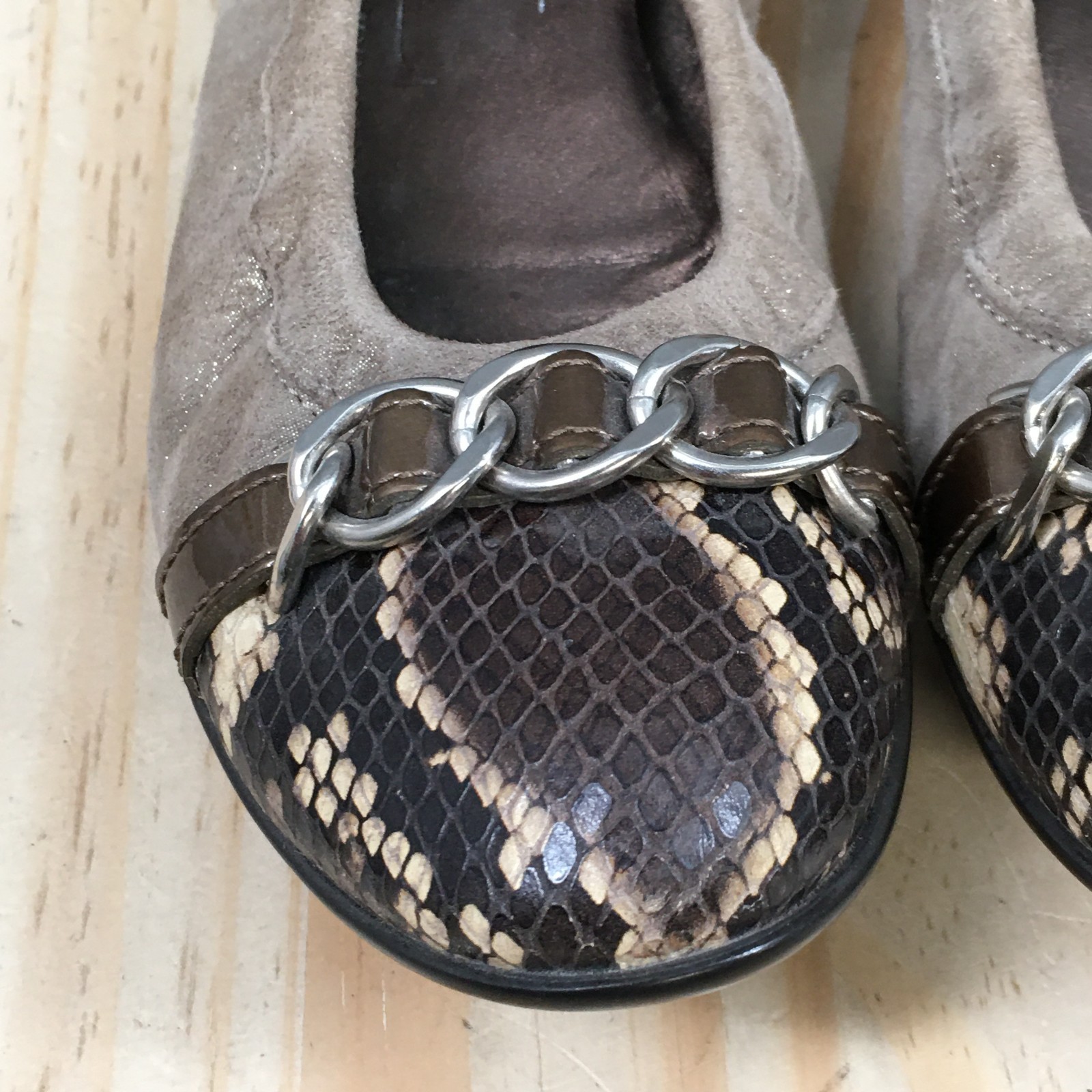AGL Attilio Giusti Leombruni Womens 36.5 Taupe Suede Ballet Flats Snake Skin