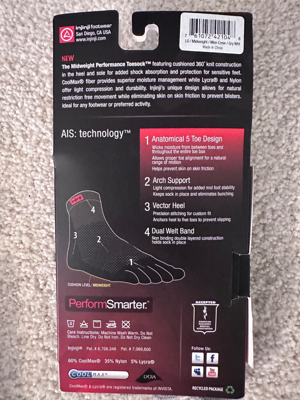 INJINJI Toe Socks Mini-Crew Large (M 11-13) (W 12+) Grey Midweight – 2 pack