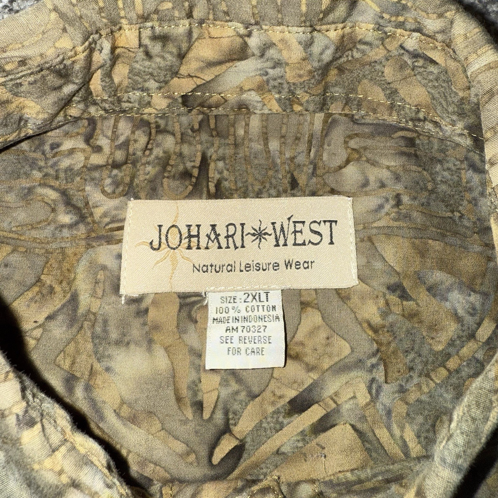 Johari West Mens 2XL Shirt Button Down Batik Tropical Green Beige Print