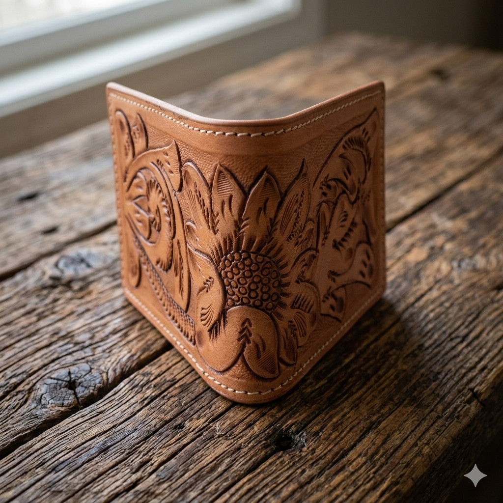 Hand Tooled Genuine Leather Bifold Wallet – Leather RFID Men Wallet Sunflower