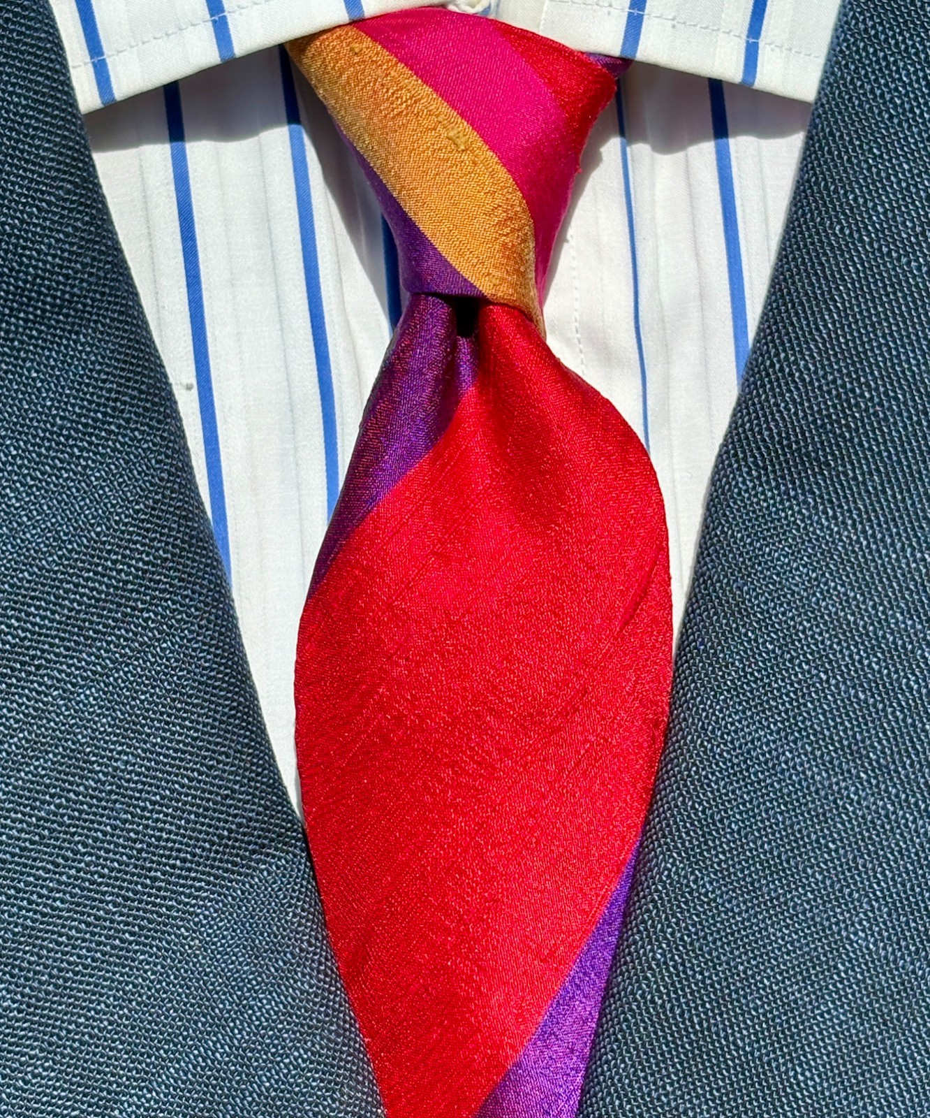 Ralph Lauren Purple Label Red & Violet Stripe Shantung Silk Tie – Italy- $235.00