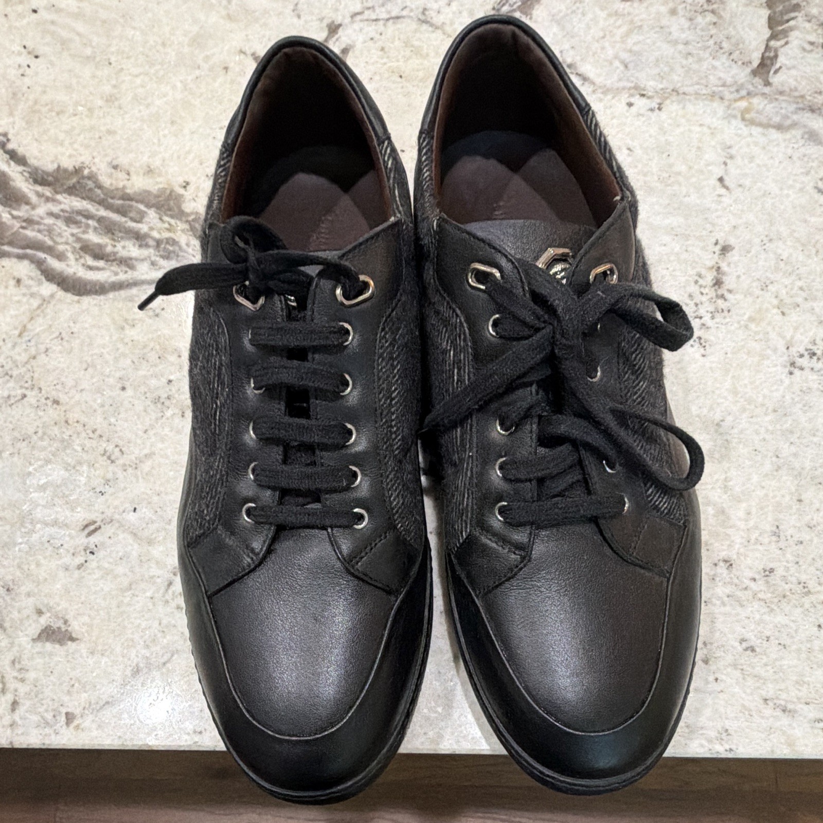 Stefano Ricci Men’s Black Leather/Wool Lace-Up Sneakers Rubber Sole
