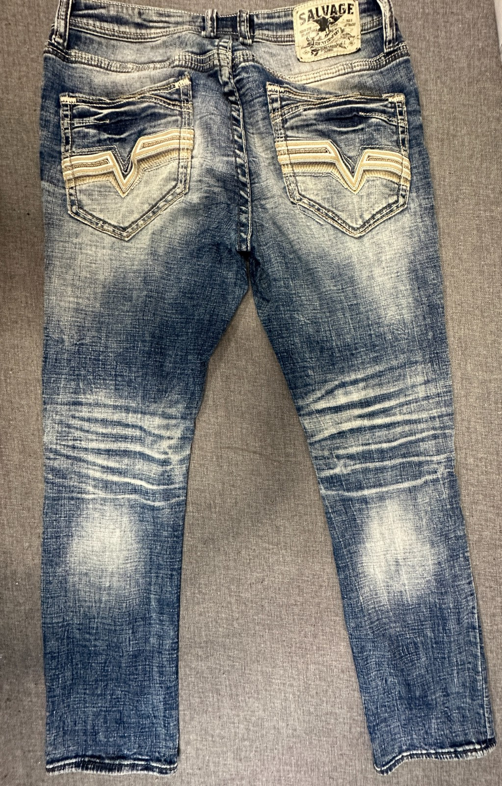 Salvage Supply Havoc Straight Slim Fit Jeans Mens 34×30 Blue Distressed Buckle