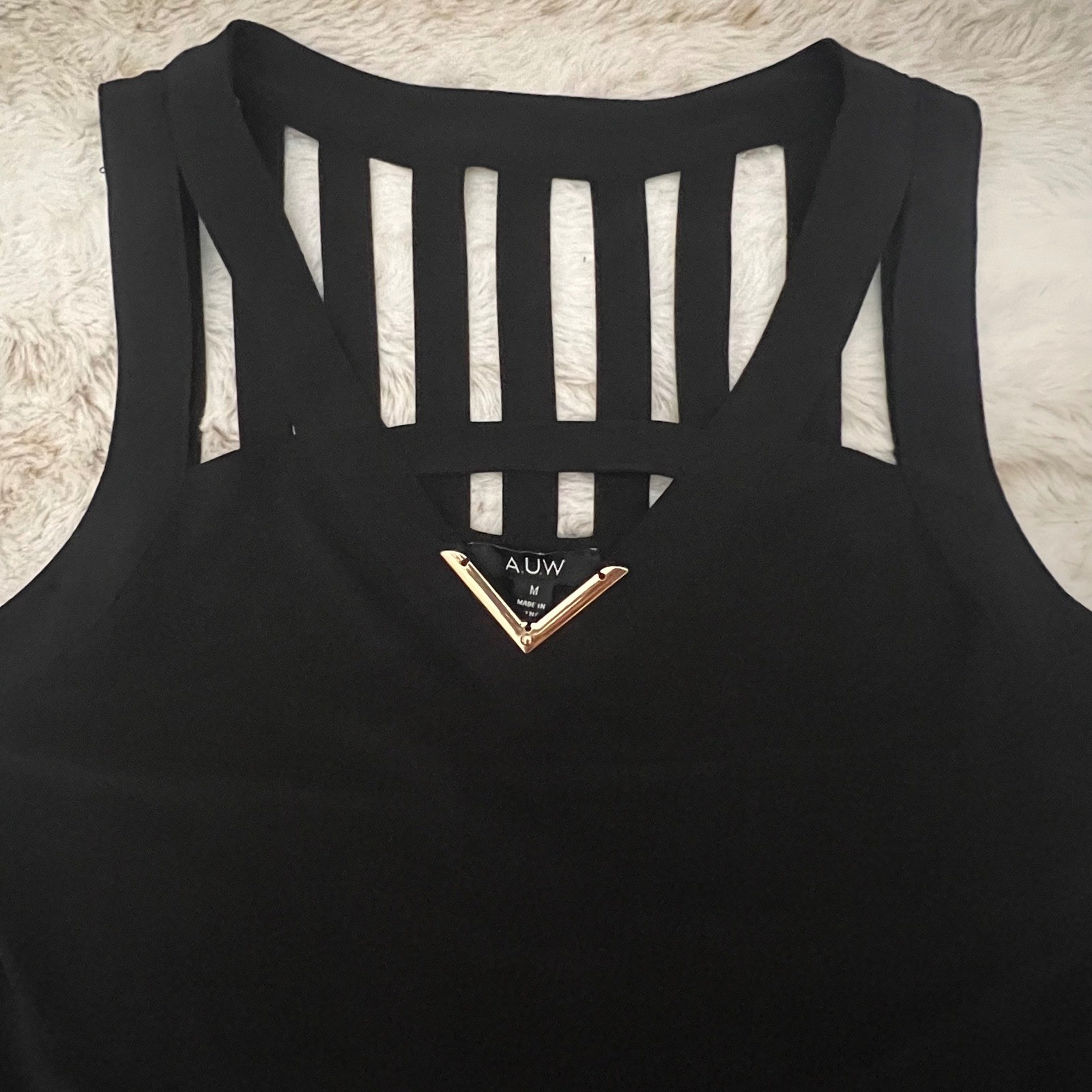 NWT AUW Black Sleeveless Top Cutout Neckline Gold Detail Modern Blouse