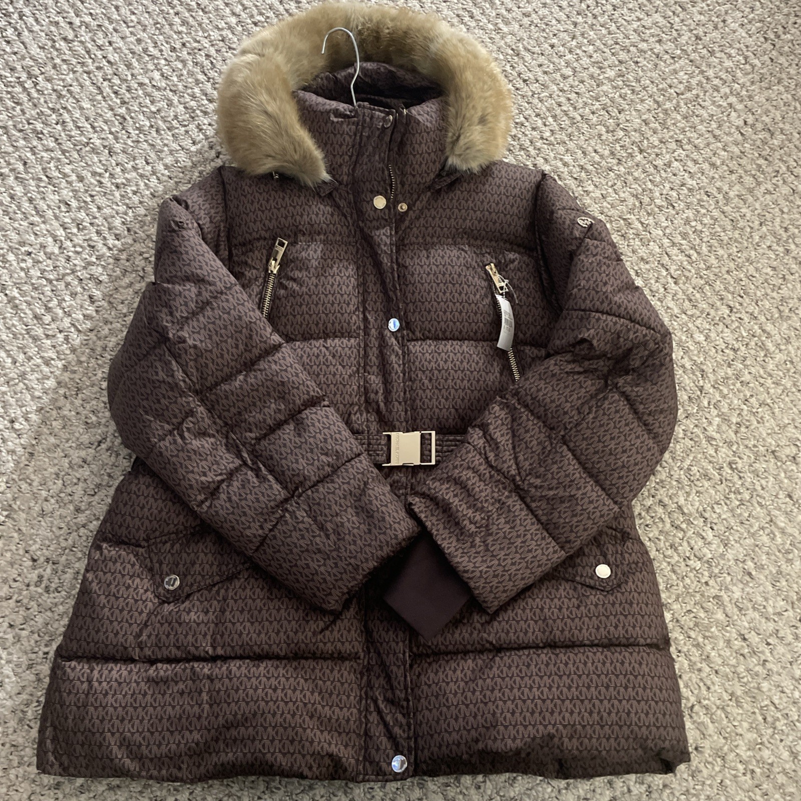 Michael Kors Faux Fur Trim Quilted Belted Puffer Jacket Chocolate Brown XXL $375