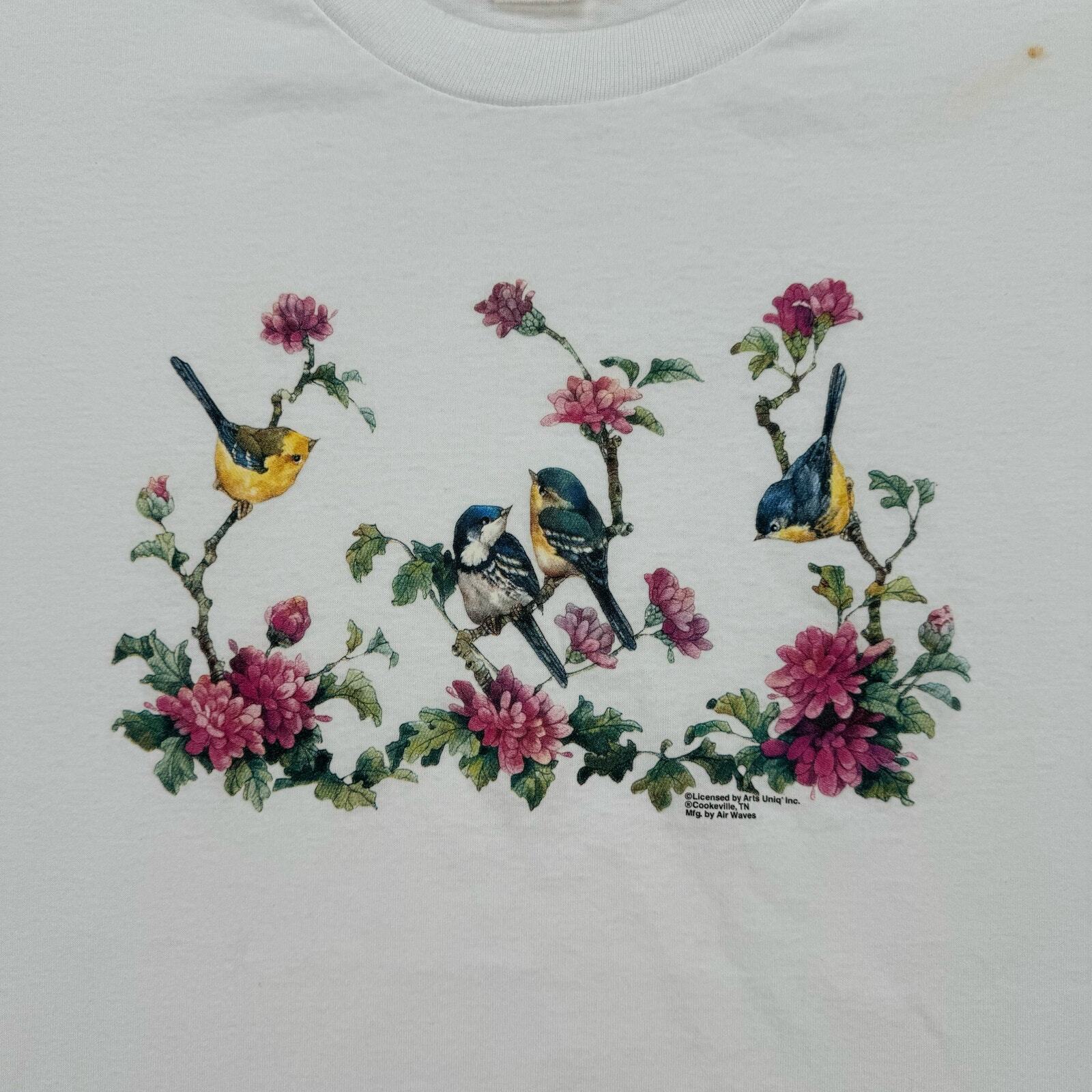 Vintage Flower Shirt Size Large White Short Sleeve Floral Birds Cottage Cute