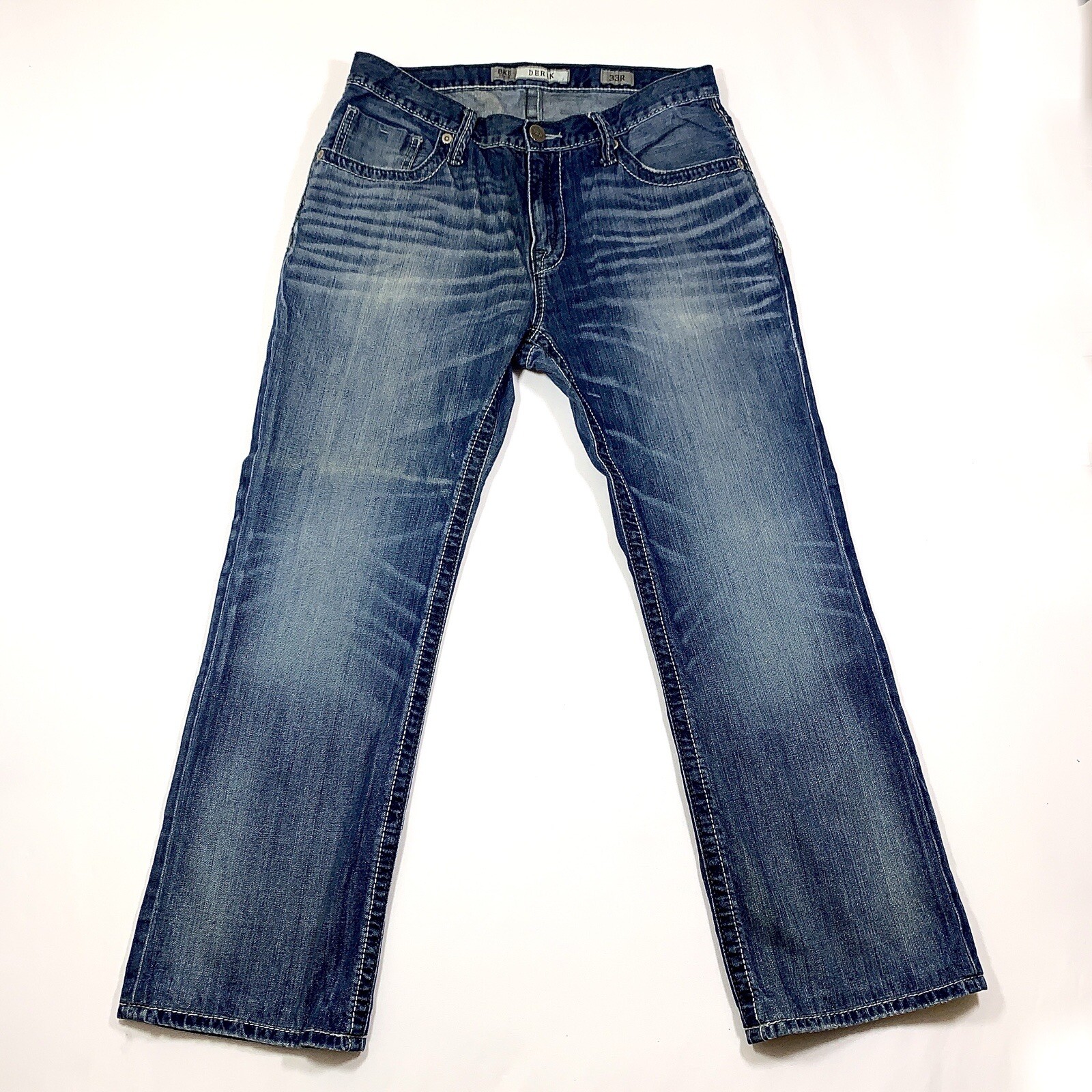 BKE Jeans Mens 33Rx29 Derick Dark Blue White Stitch
