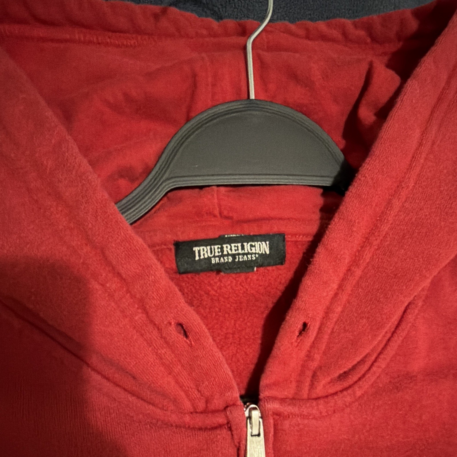 True Religion Men’s L Red Full Zip Logo Graphic Fleece Hoodie Pockets, No String