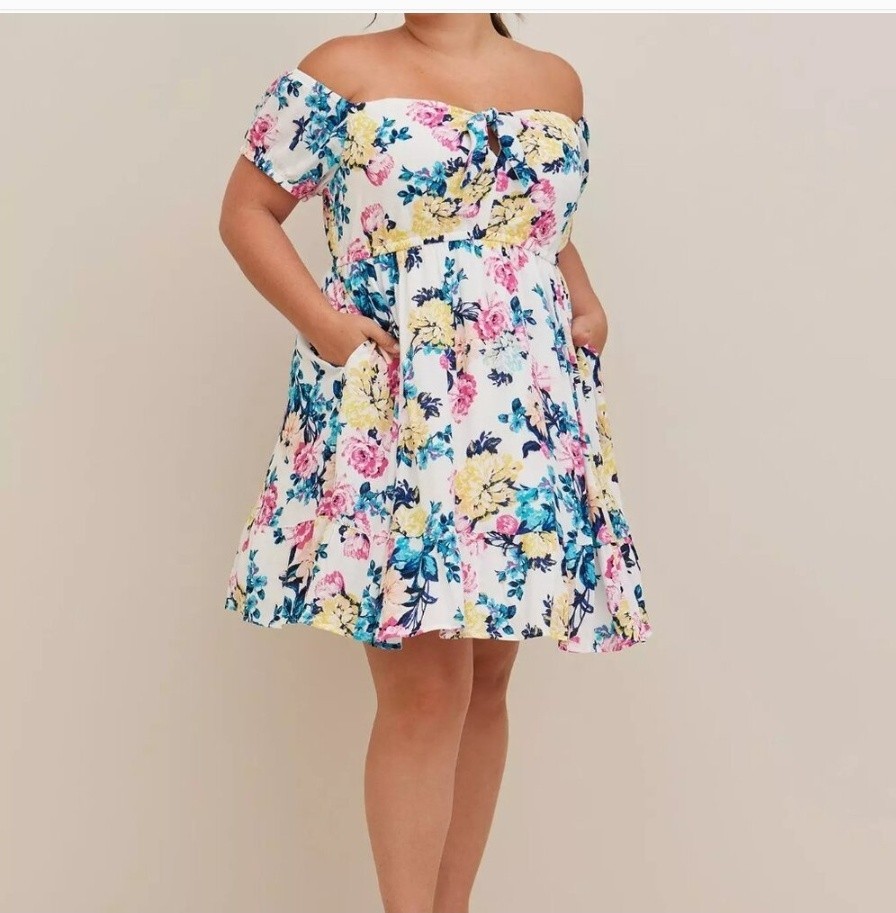 Torrid 00 White Multi Floral Mini Gauze Puff Sleeve Skater Dress NWT