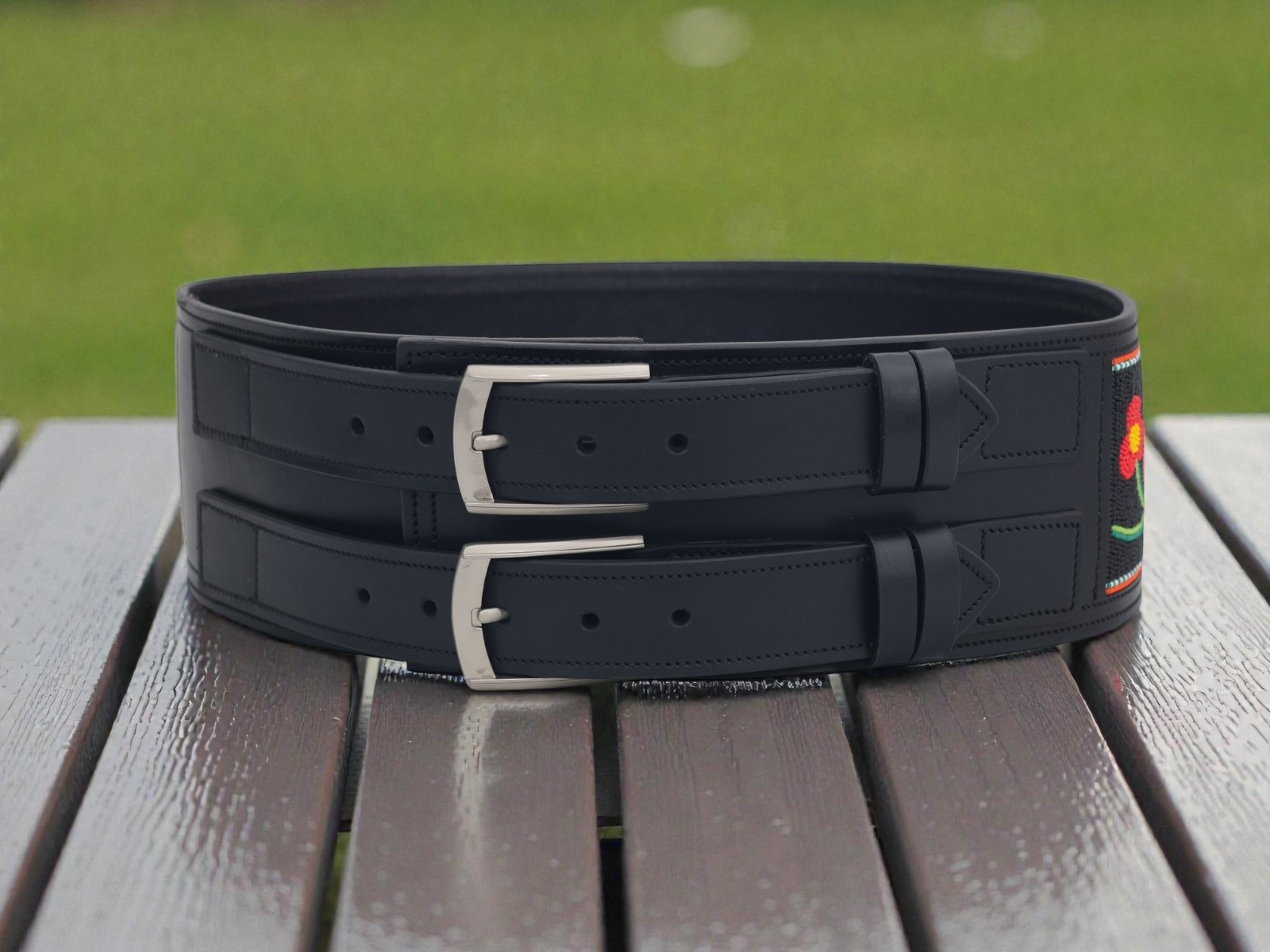 Beaded Wide Leather Belt | Floral Statement Western Waist Belt | Double Buckle
