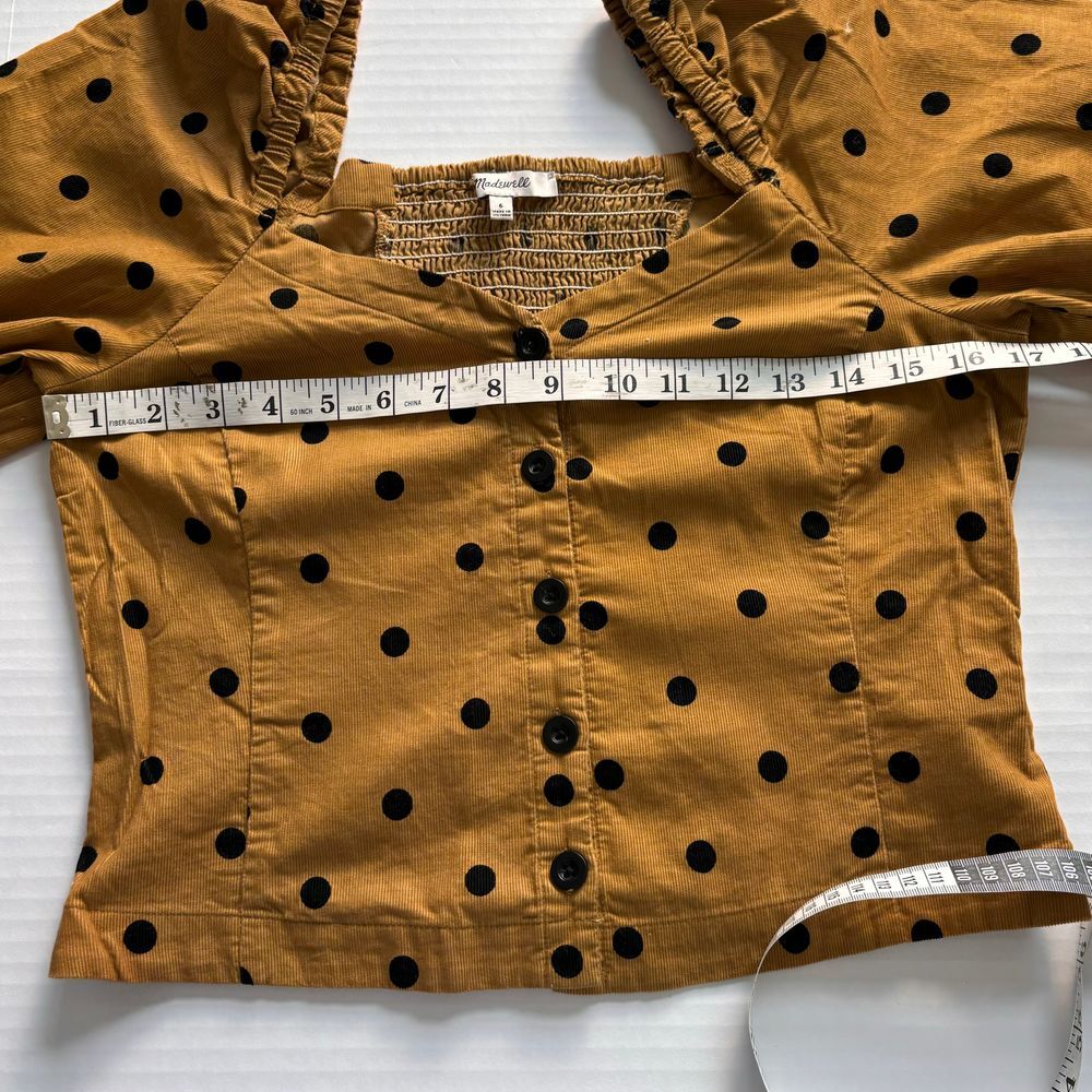 Madewell Corduroy Polka Dot Puff Sleeve Button-Up Top in Caramel Size 6
