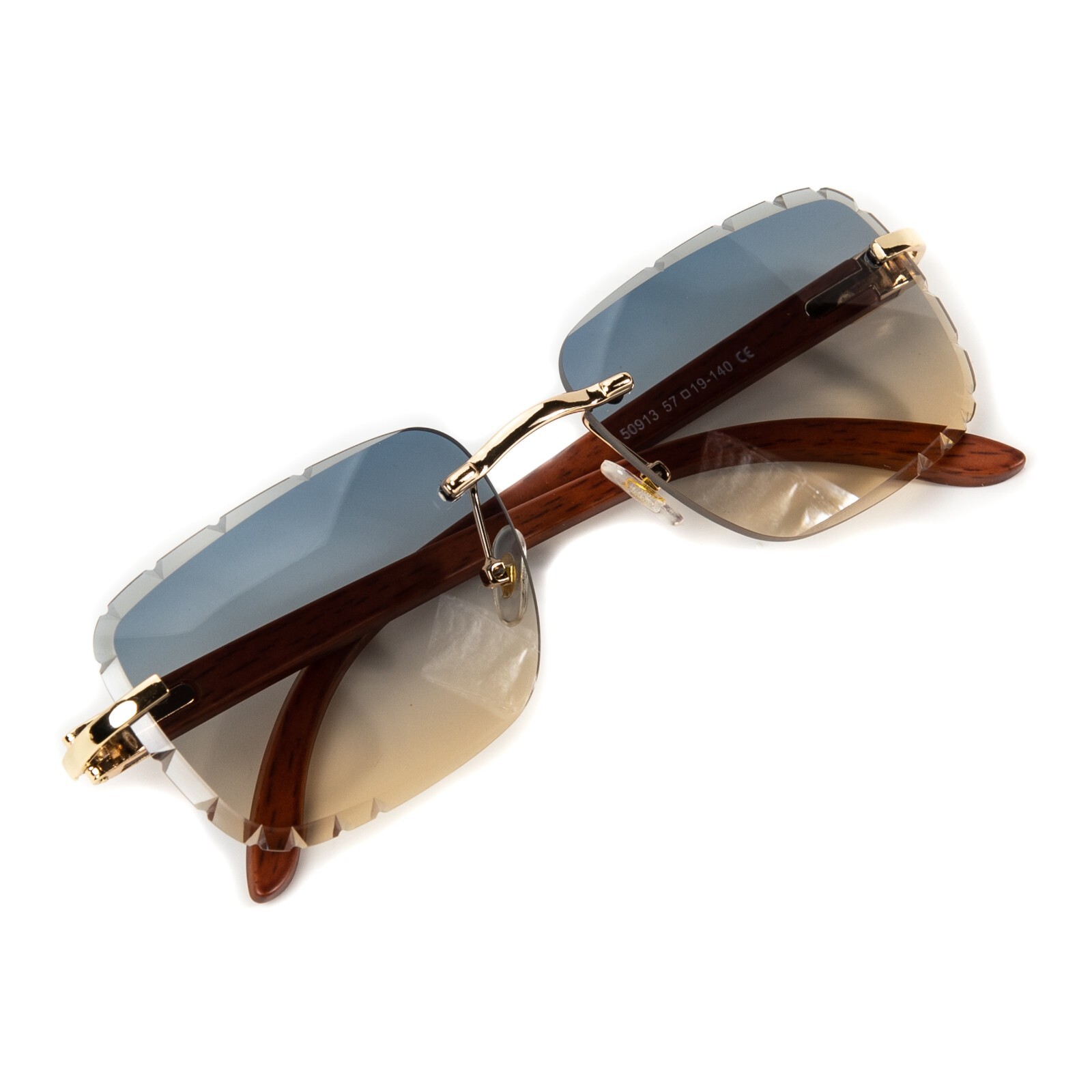 Gem Cut Gray & Tan Gradient Tint Rimless Men’s Gold Frame Woodgrain Sunglasses