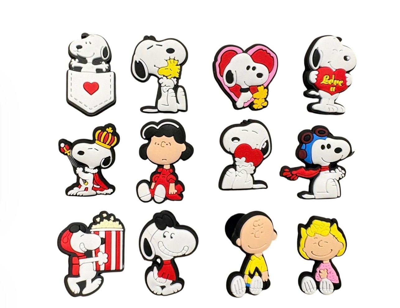 12pc SNOOPY & PEANUTS GANG Croc Shoe Charms Charlie Brown Valentines, Christmas