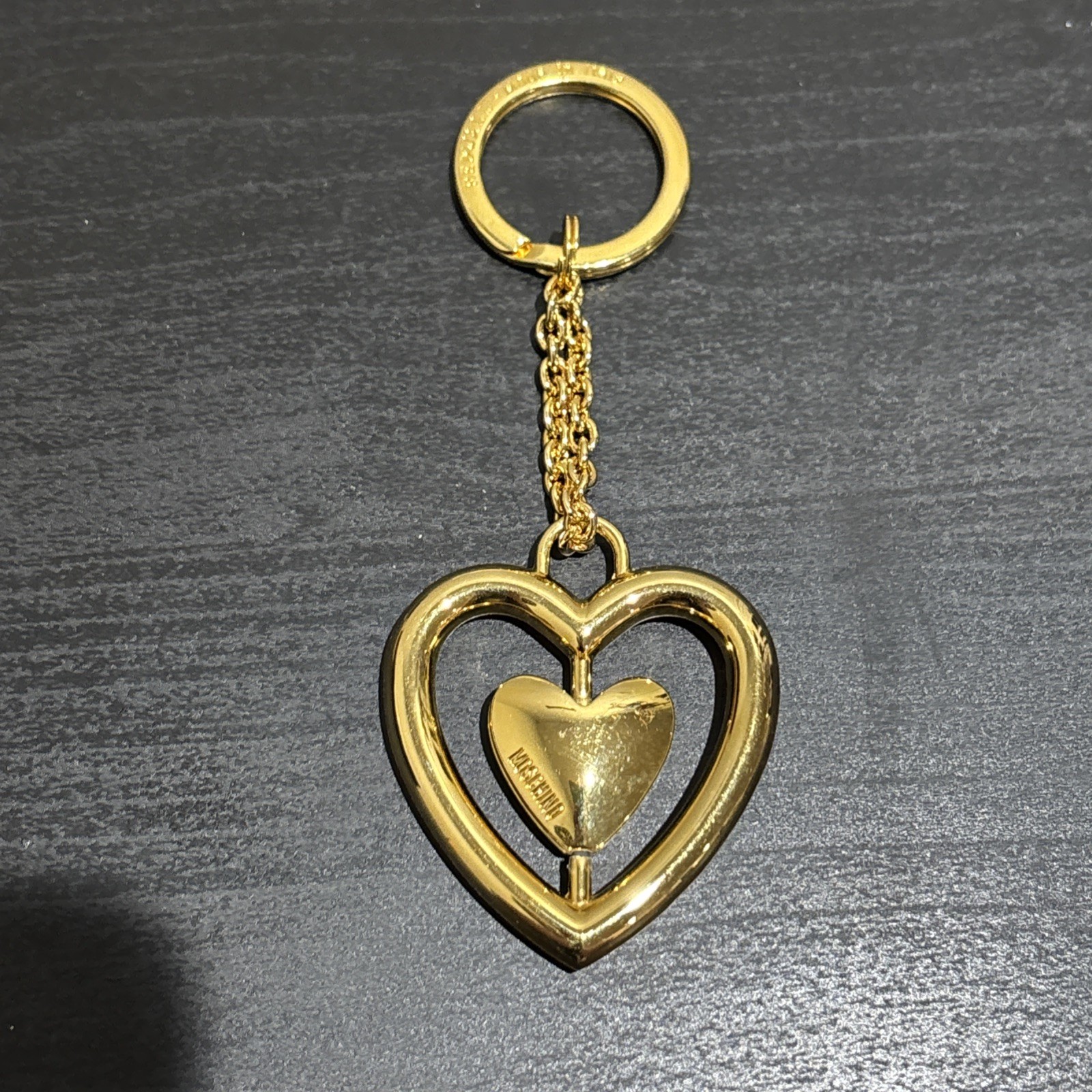 Vintage Moschino By Redwall Keychain Made In Italy Gold Double Heart Bag Charm