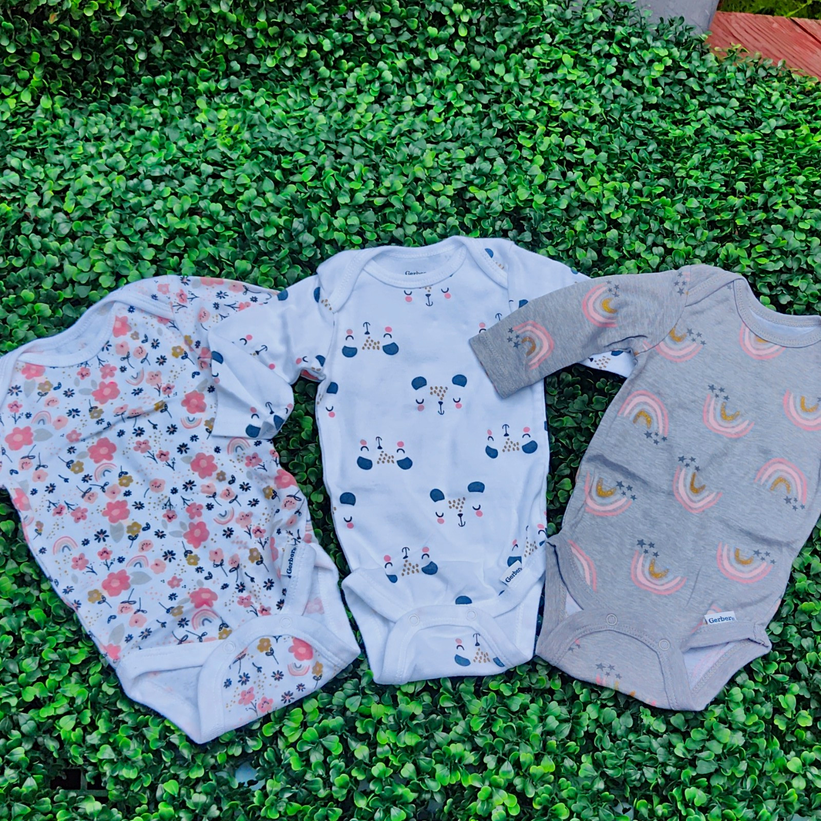 Gerber Unisex 0-3M 3pc Long Sleeve Cotton Onesie Bodysuits Floral Rainbow
