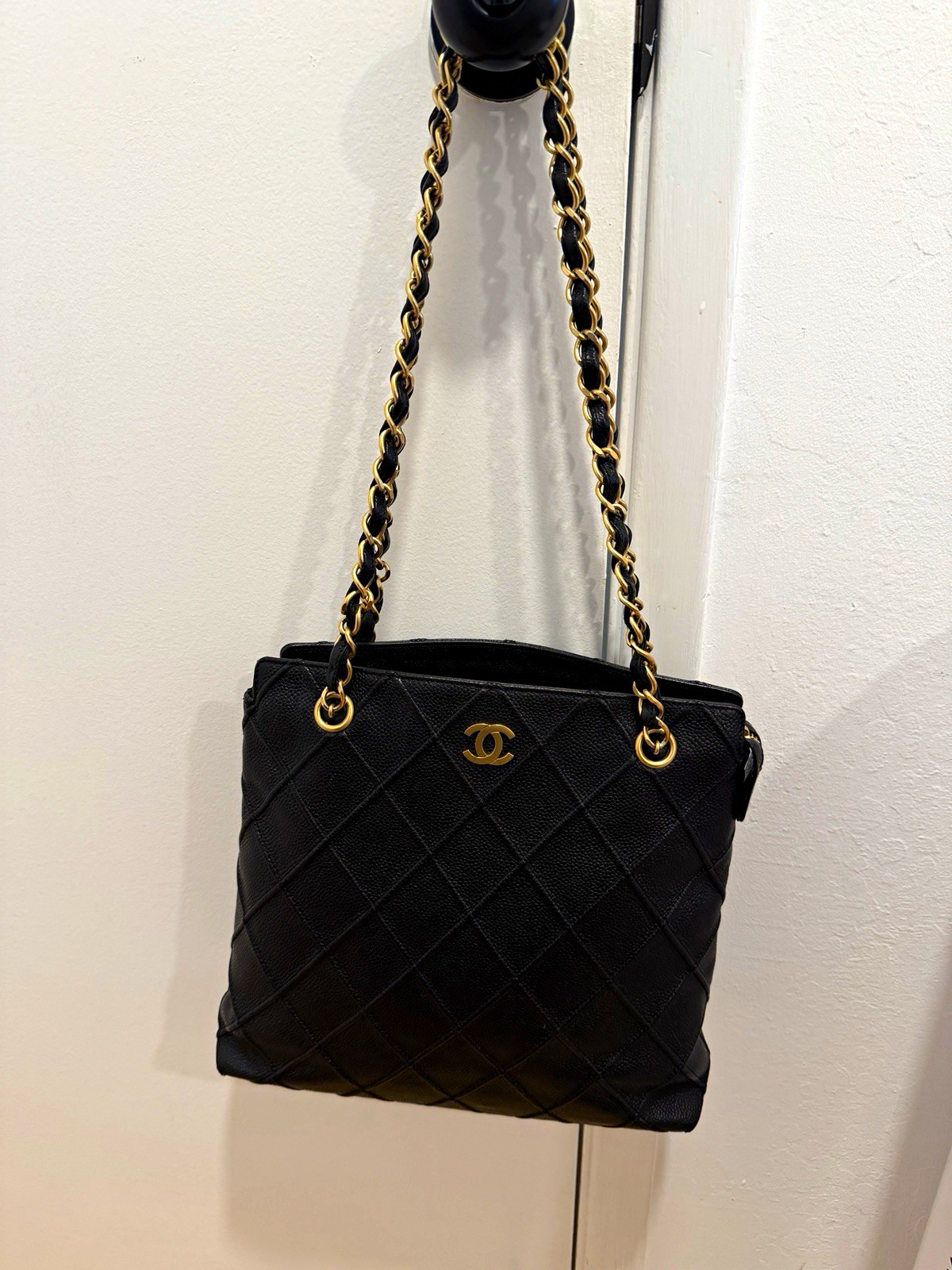 Authentic CHANEL Caviar Diamond Embossed Shoulder Bag Black