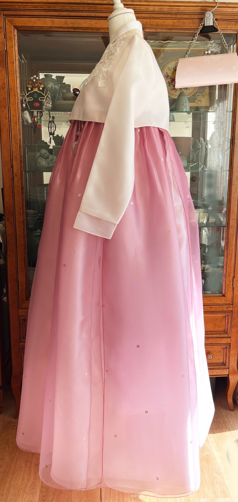 Korean Traditional Dress Hanbok Set- Ivory Top Pink Gallae Skirt / Petticoat Bag