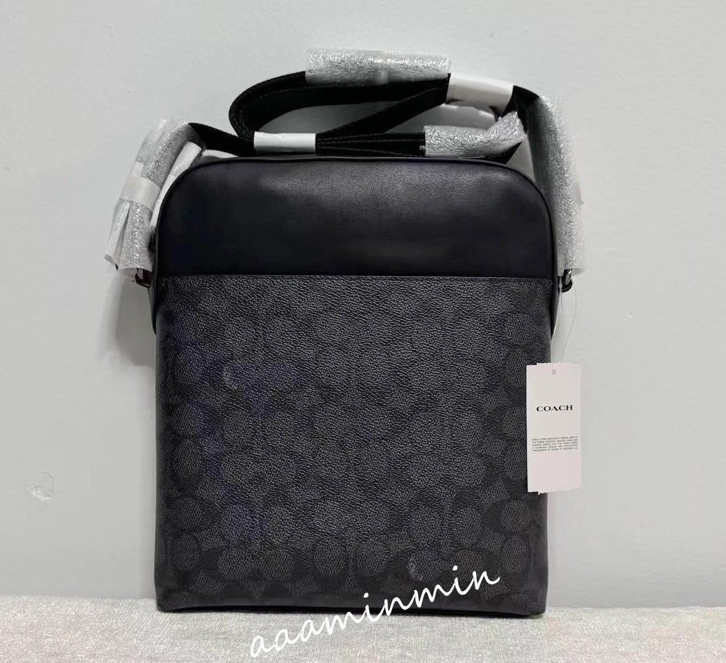 NWT Coach CZ398 Men’s Houston Flight Bag Signature Canvas&Leather Charcoal Black
