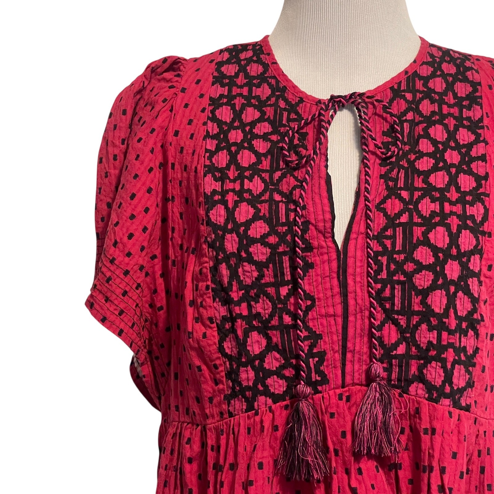 Knox Rose Embroidered Peasant Top Womens Medium Hot Pink & Black Boho Babydoll