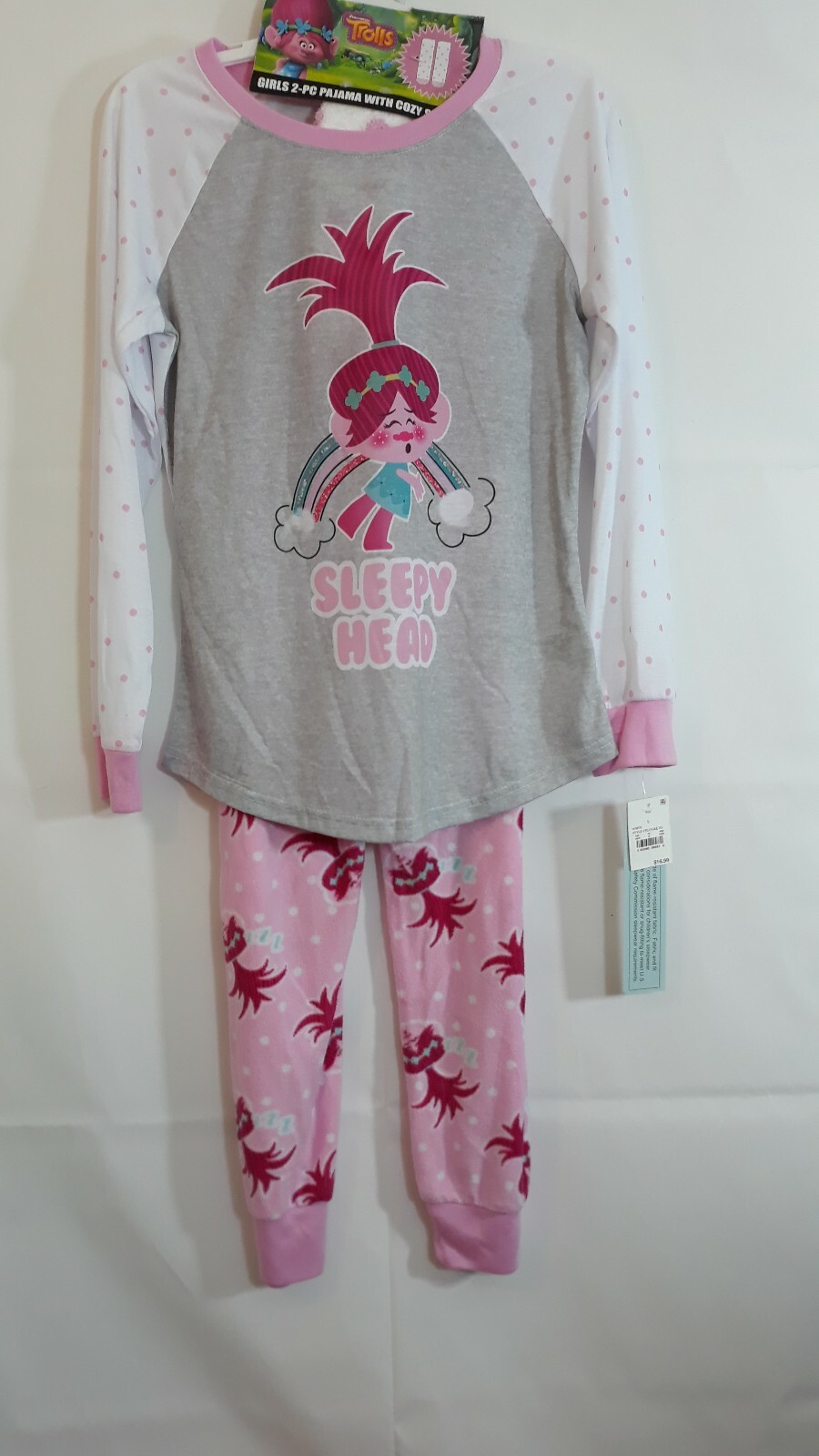 Trolls Girls 2pc Pajamas with Socks Poppy Sleepy Head Pink Long Sleeve Shirt