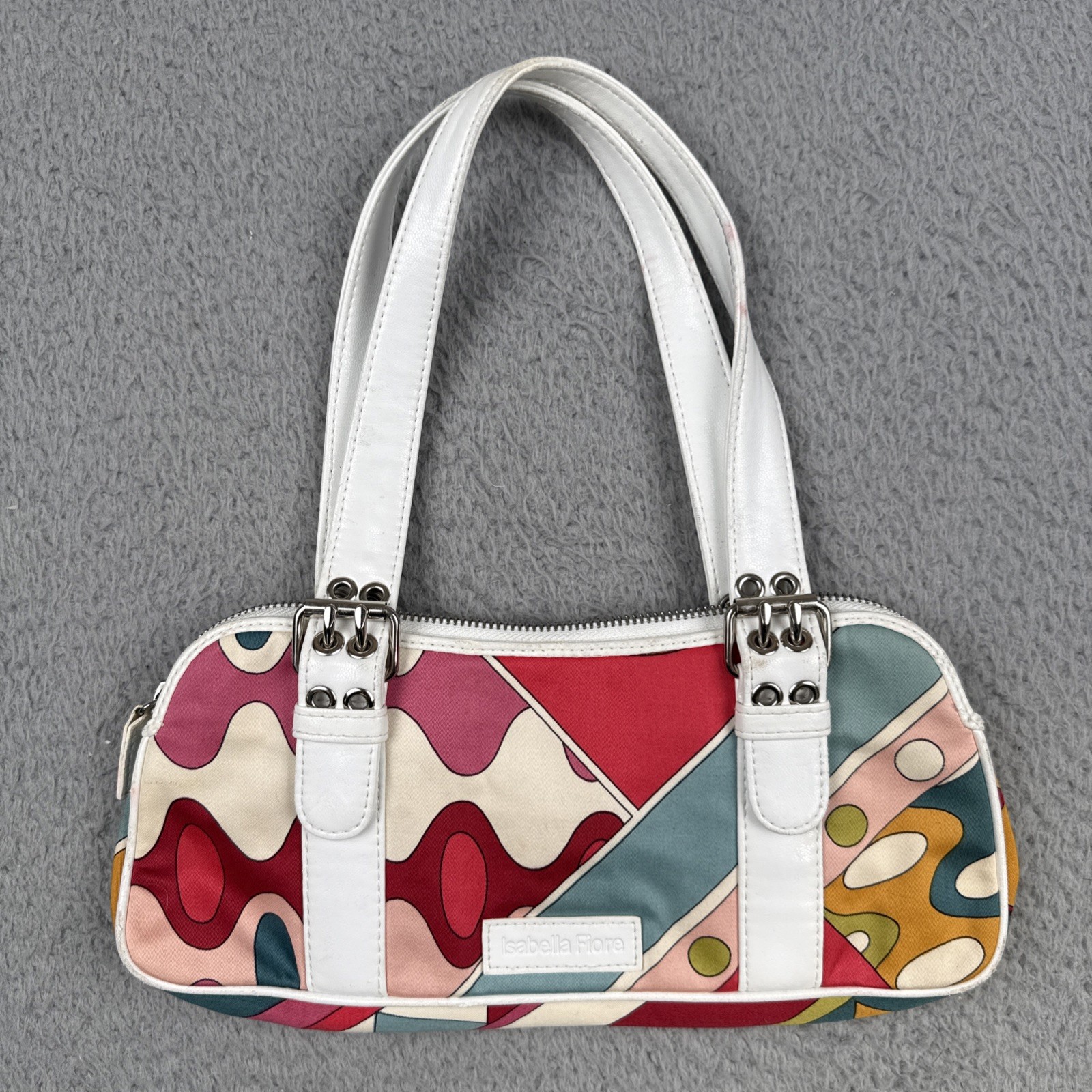 Isabella Fiore Silk Leather Handbag White MultiColor Geometric Y2K Purse 70s EOC
