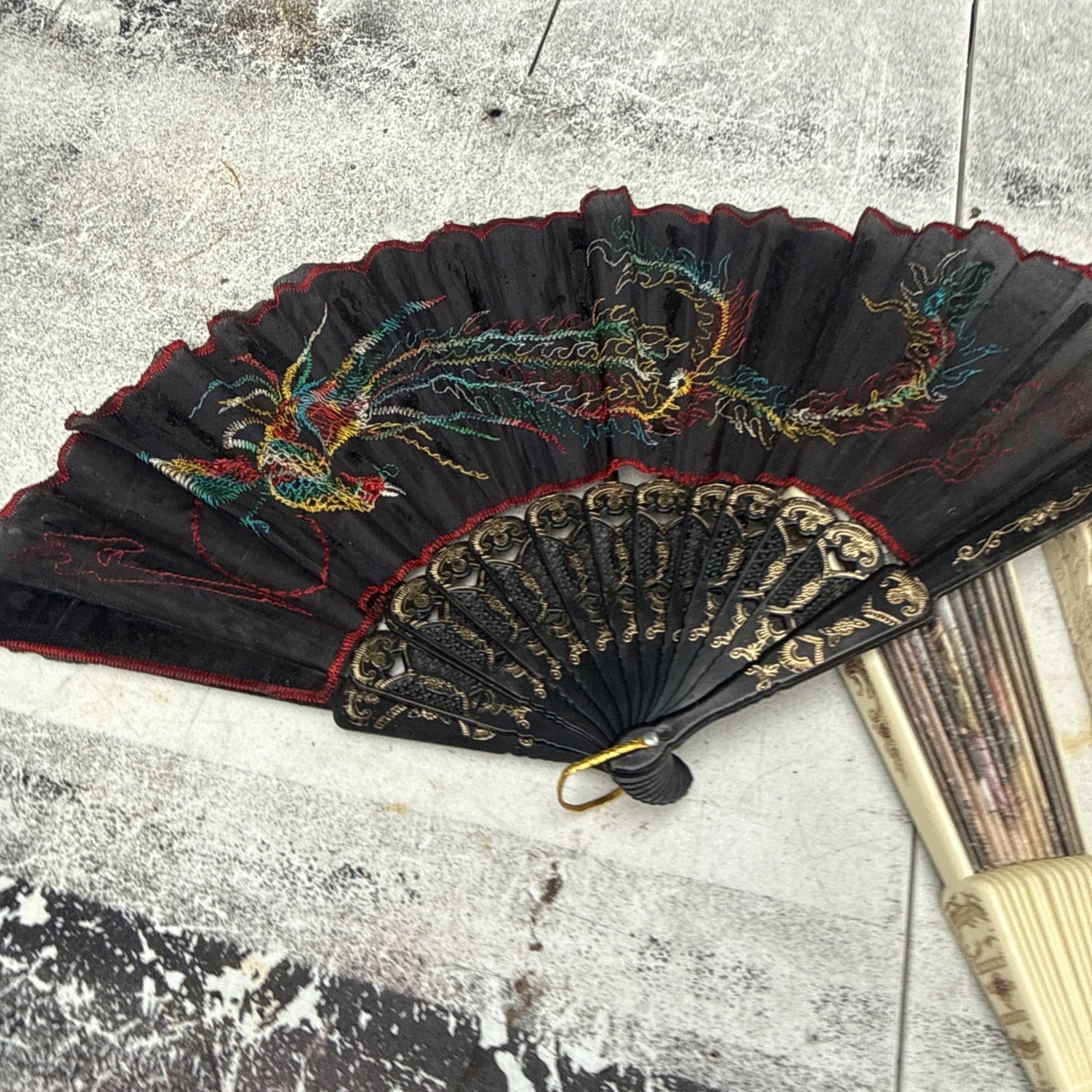 Victorian Style Multicolor Floral Hand Fan Black Lace Trim Fabric Plastic
