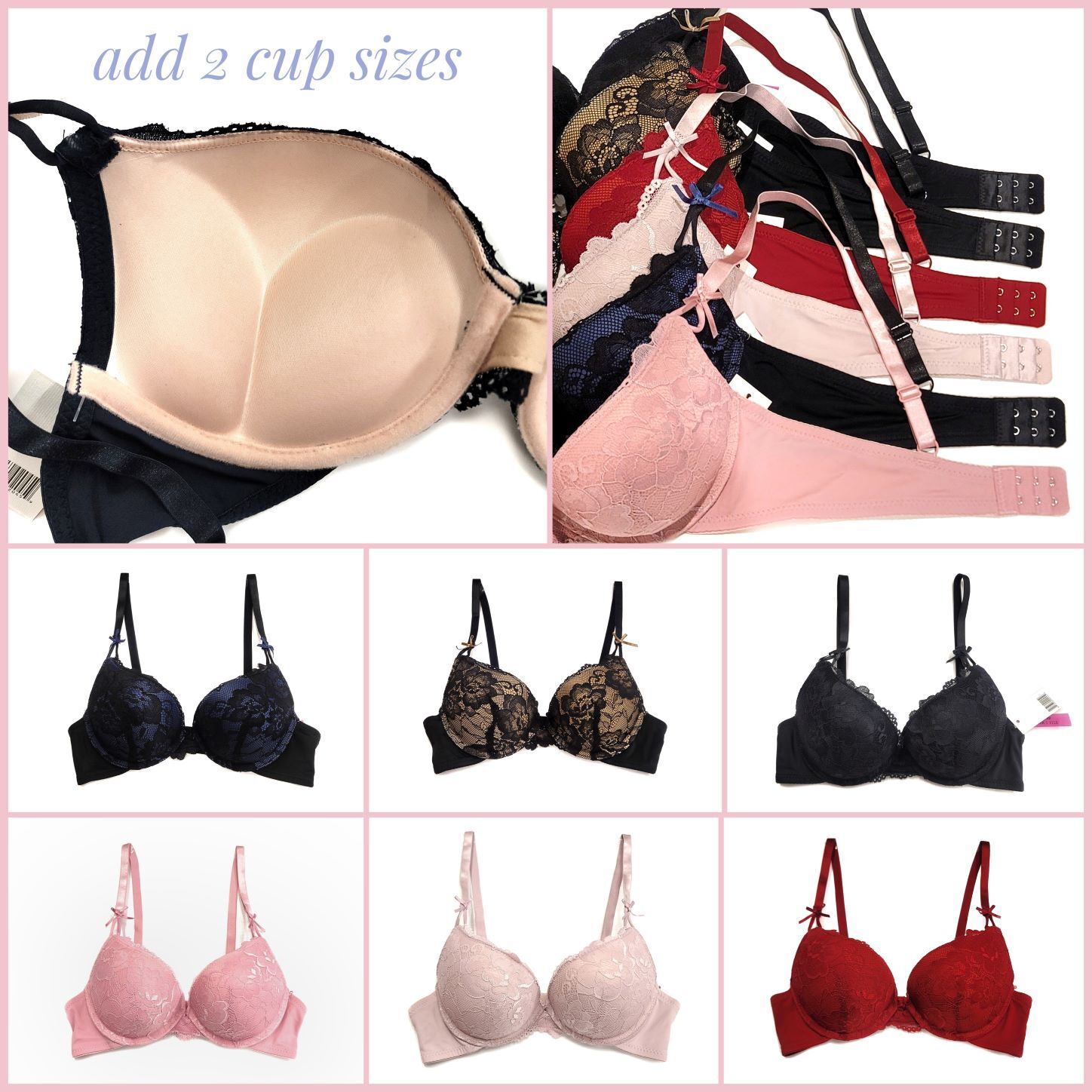 Add 2 Cup Sizes Extreme Ultimate Padding Power Lift Lace Ribbon Sexy Push Up Bra
