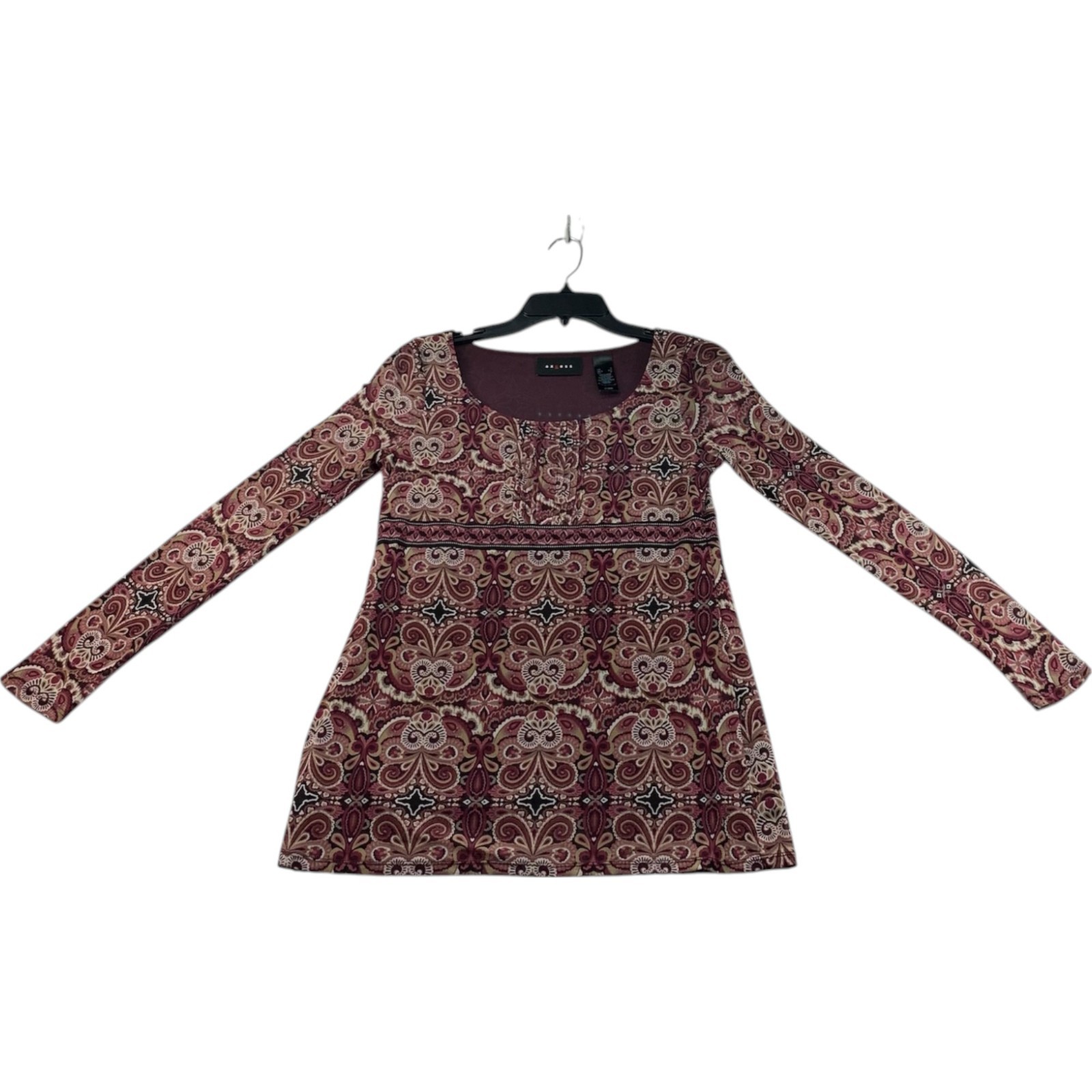 Axcess Blouse Womens Size Small Burgundy Floral Long Sleeve