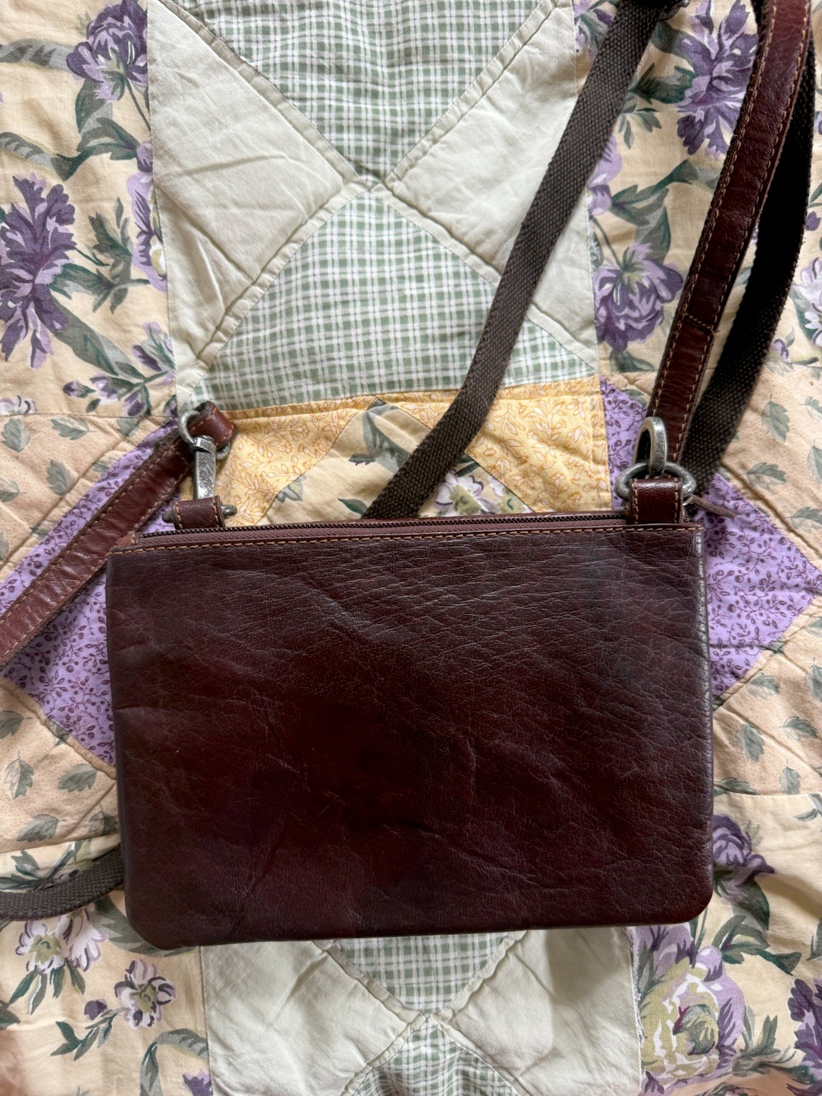 Jack Georges Brown Small Floral Embossed Crossbody Bag Buckle, Adjustable Strap