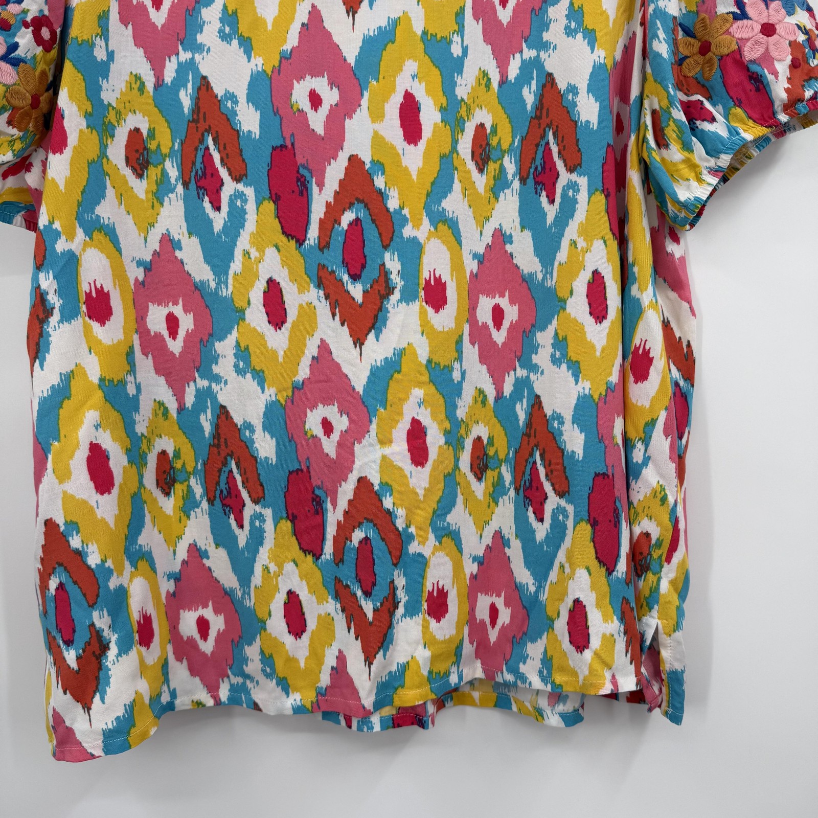 Savanna Jane Blouse Womens Large Multicolor Tunic Puff Sleeve Embroidered Floral