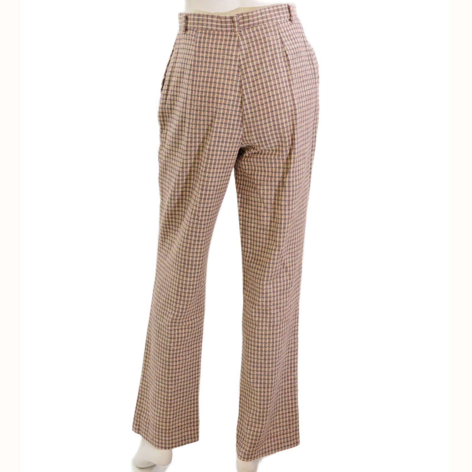 80s Vtg Sabene Woven Plaid High Waist Pants Mauve Beige Textured Knit Straight