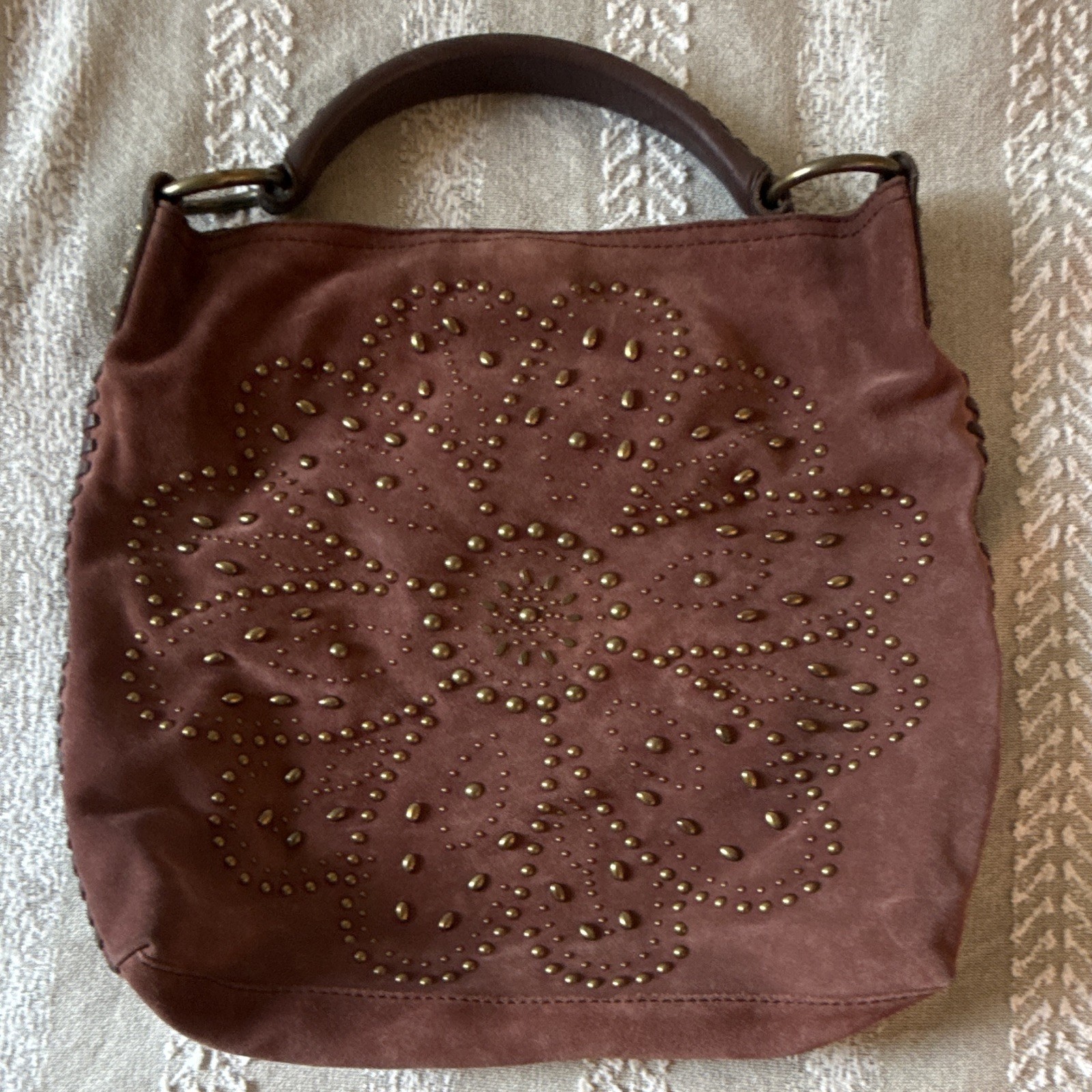 Lucky Brand Brown Floral Studded Whipstitch Shoulder Bag, Zip, Brass HW