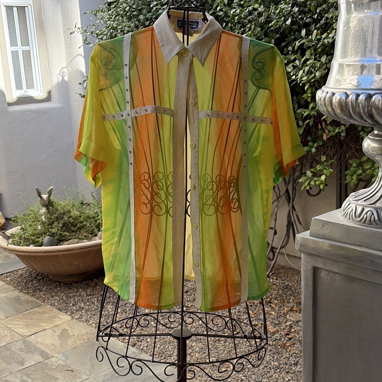 Kokomo polyester Short Sleeve Button-Up Colorblock Rhinestone Trim! Amazing!