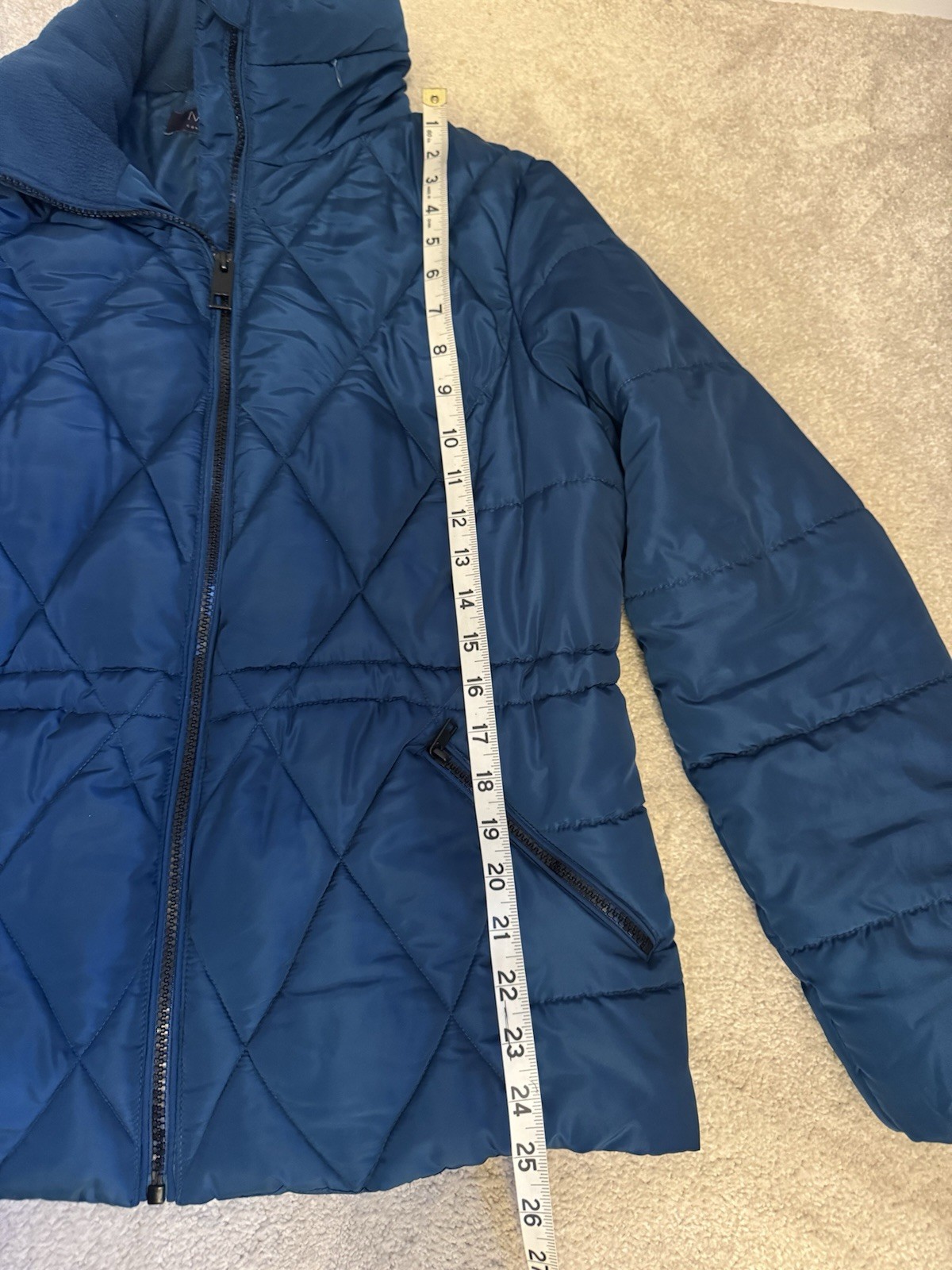 M&S DARK MARINE PADDED ZIP FRONT WARM COAT SIZE 14, CONCEALED PACKAWAY HOOD VGC