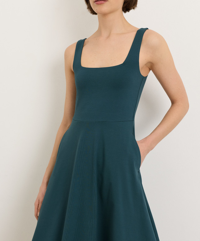 PACT Organic Fit & Flare Square Neck Dress, Deep Aqua NEW