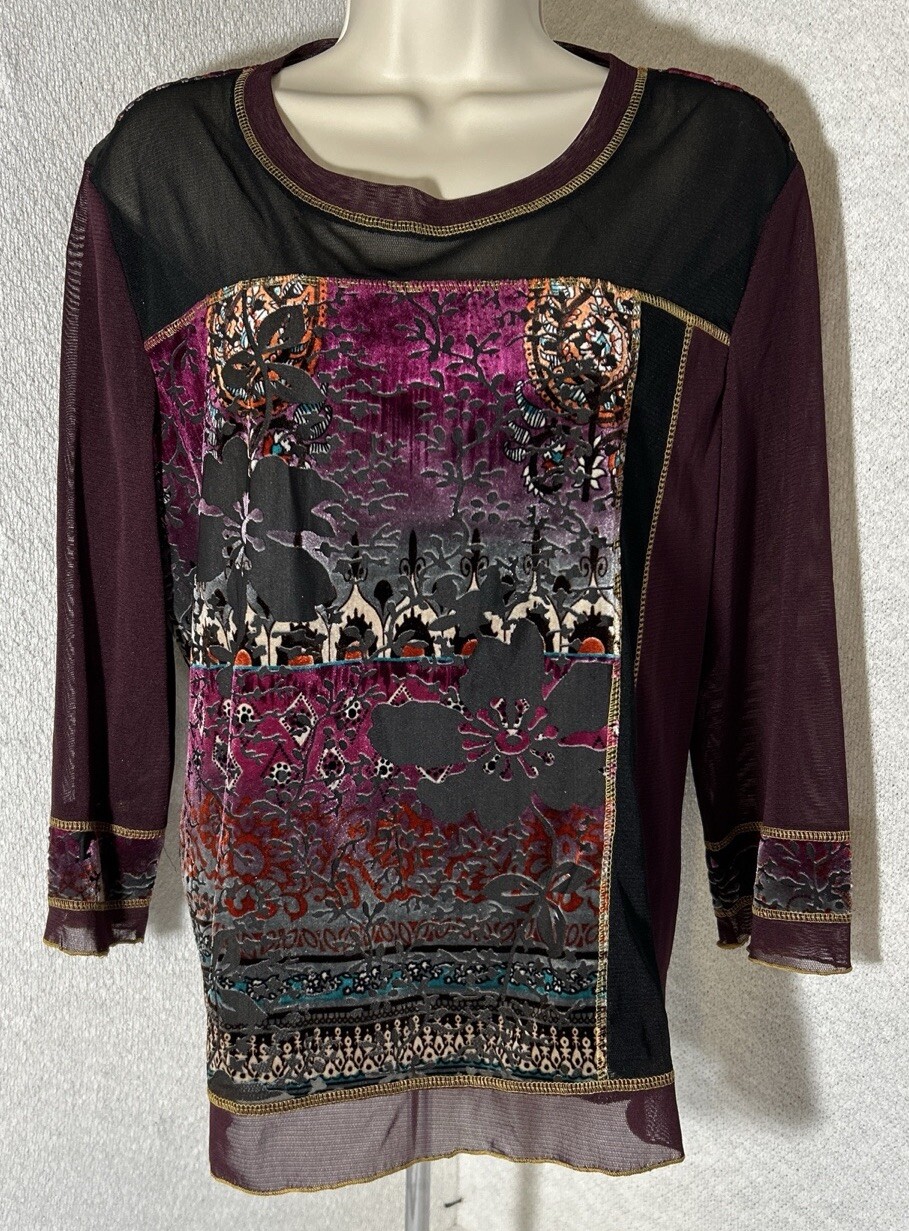 TRIBAL Women’s Blouse Size XL Sheer & Velvety 3/4 Sleeves Pullover Asian Style