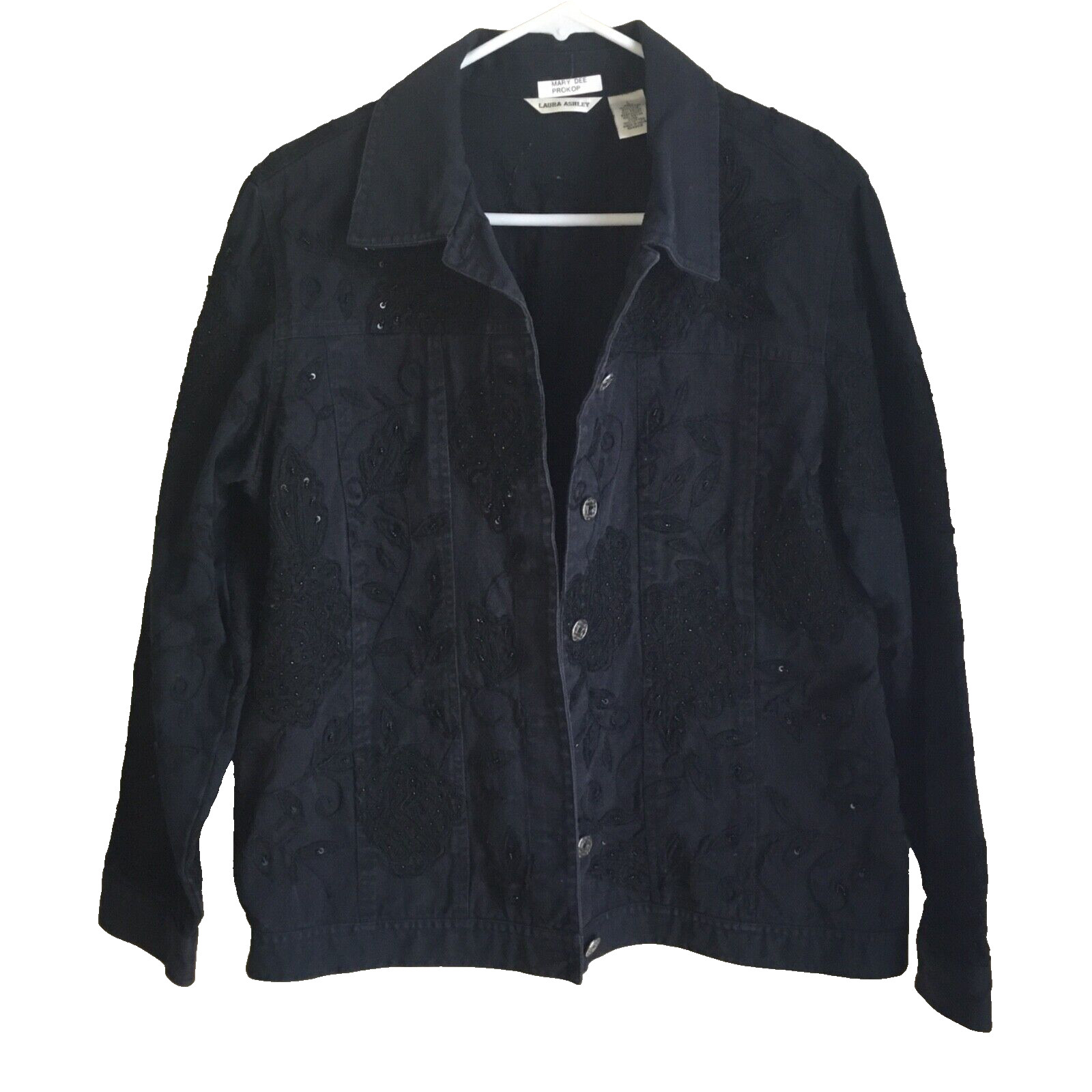 LAURA ASHLEY 100% Cotton Women’s Black Denim Applique Beaded Western Jean Jacket