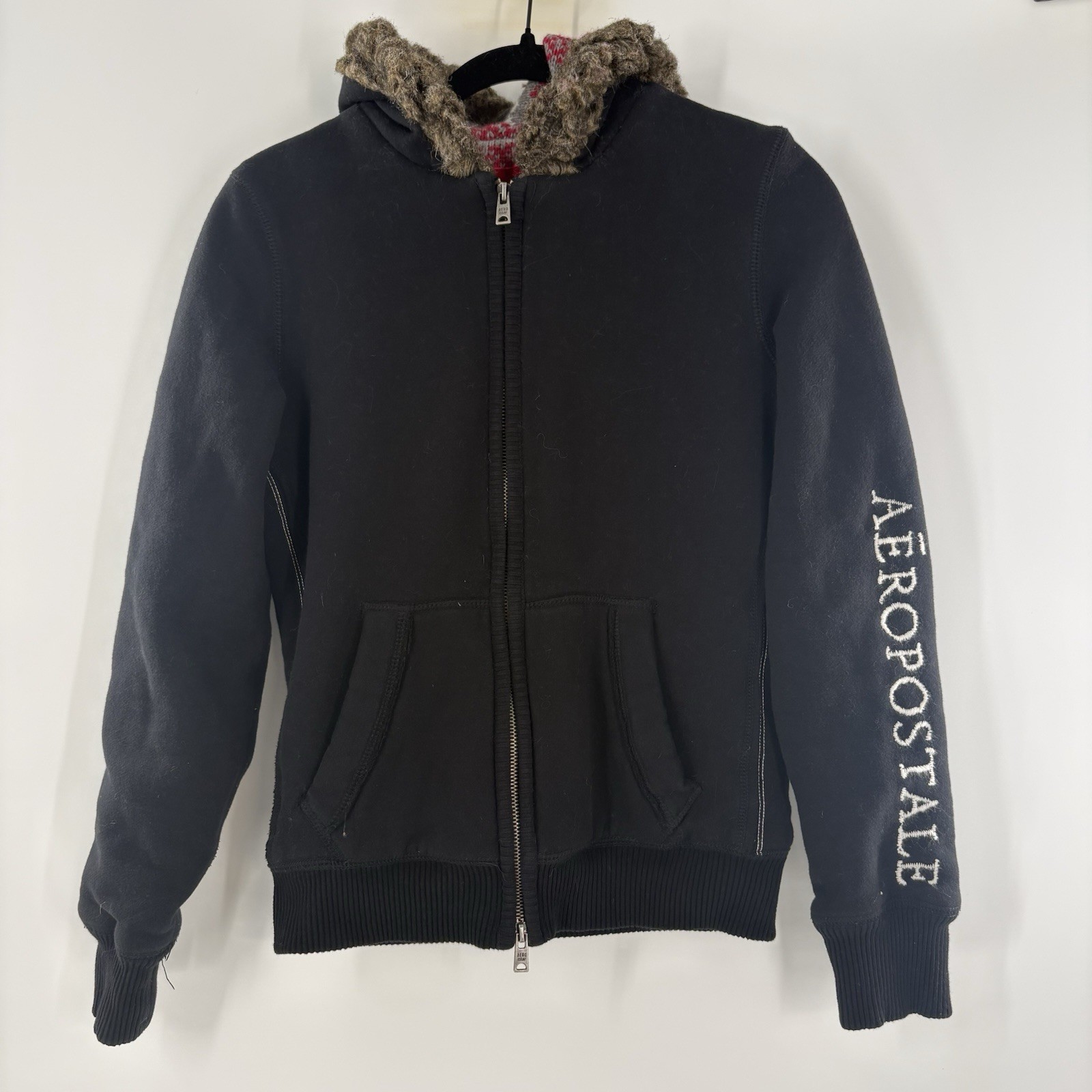 Vintage Y2K Aeropostale Fur Lined Hoodie Jacket Size Medium 2000s Black