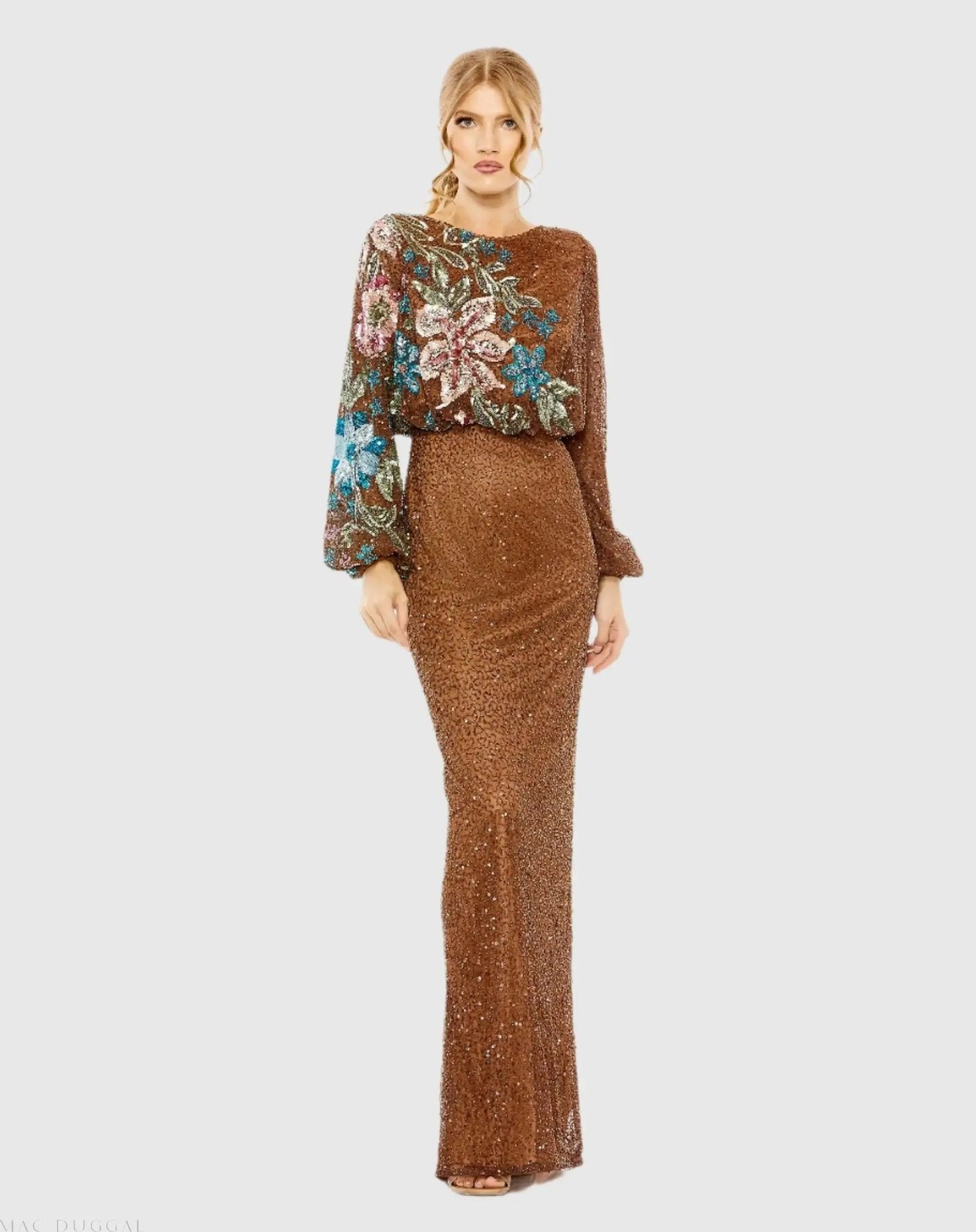 Mac Duggal 5615 Mocha High Neck Long Sleeve Sequin Gown Sz 16 NWOT