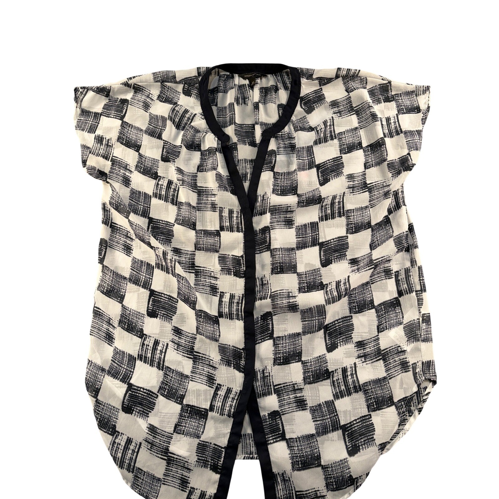 Banana Republic Womens Medium Black White Abstract Checkered Chiffon Blouse Top