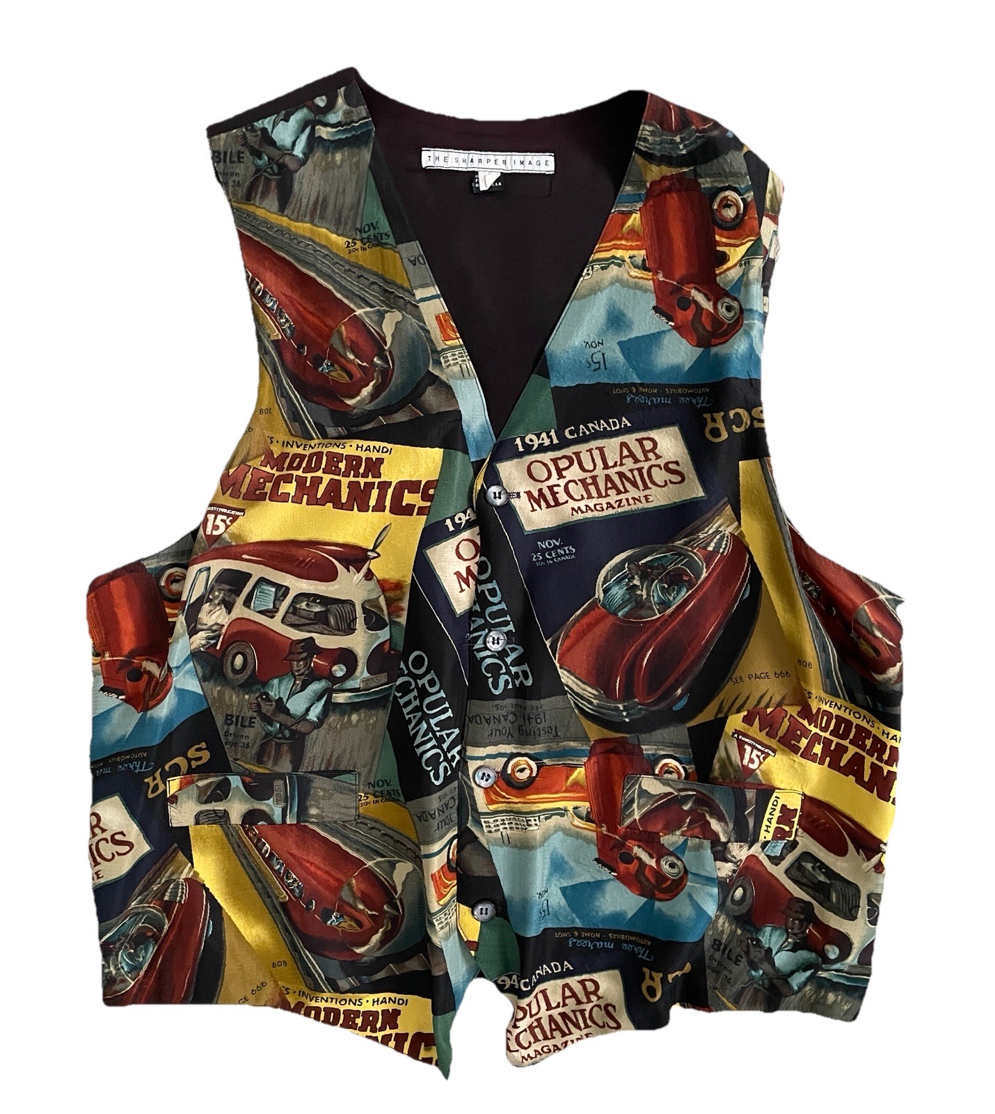 SHARPER IMAGE Vintage SILK VEST MODERN MECHANICS Magazine Novelty Print Size L